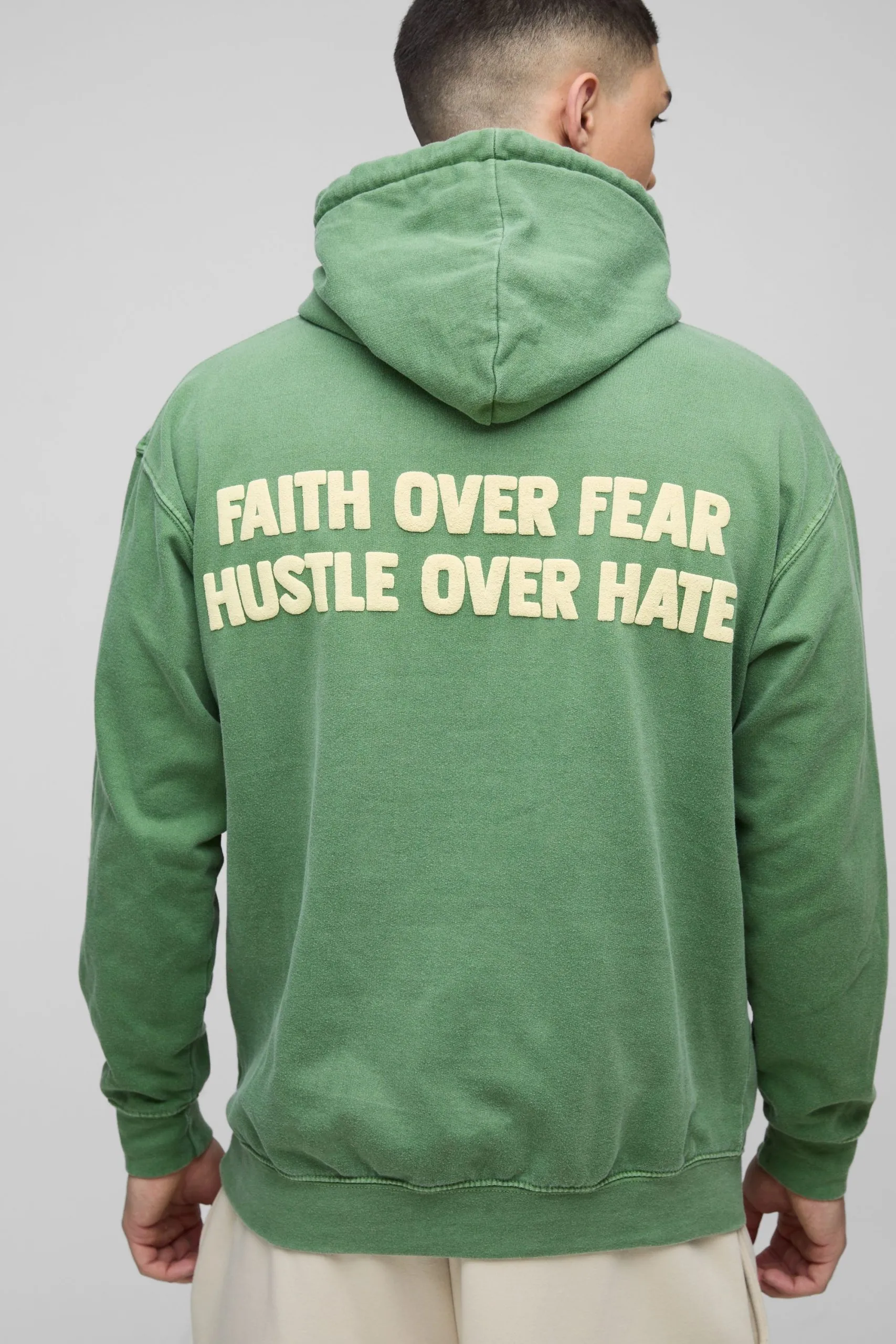 Regular Fit Washed Faith Over Fear Text Puff Print Graphic Hoodie