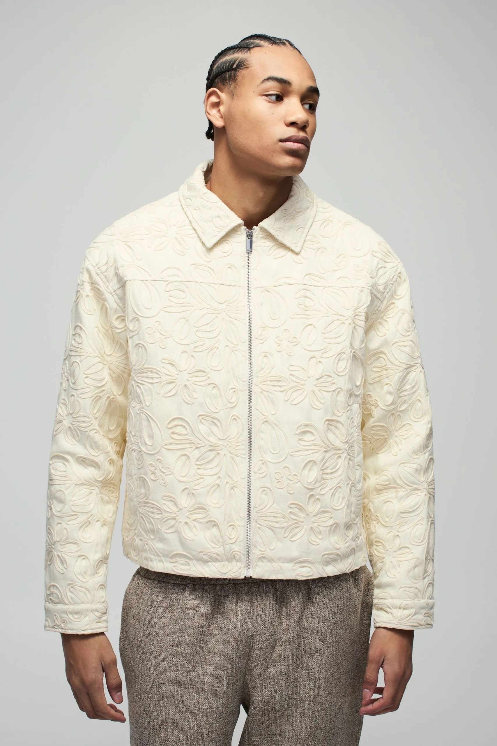 Boxy All Over Applique Floral Twill Harrington Jacket