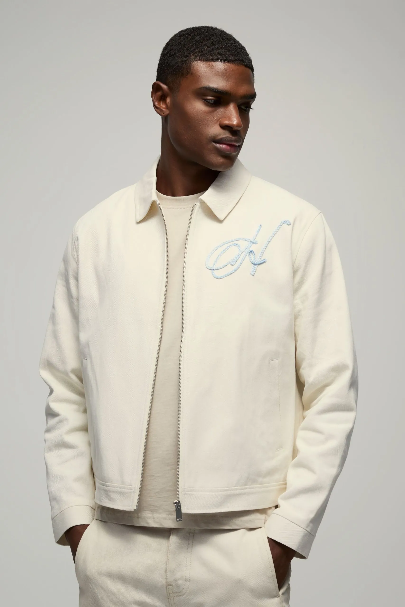 Boxy Twill Homme Rope Applique Harrington Jacket