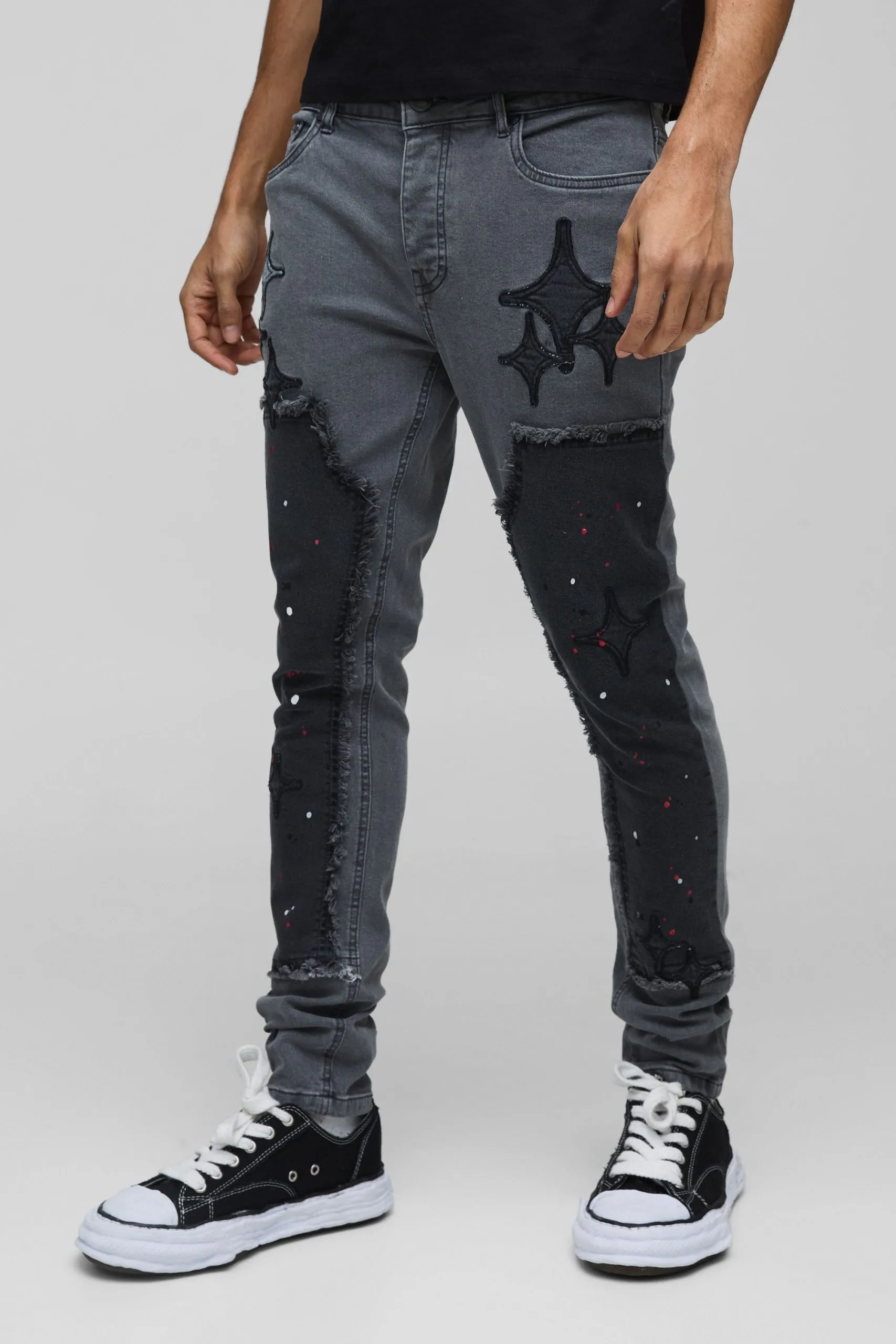 Skinny Paint Splatter Carpenter Star Applique Jeans