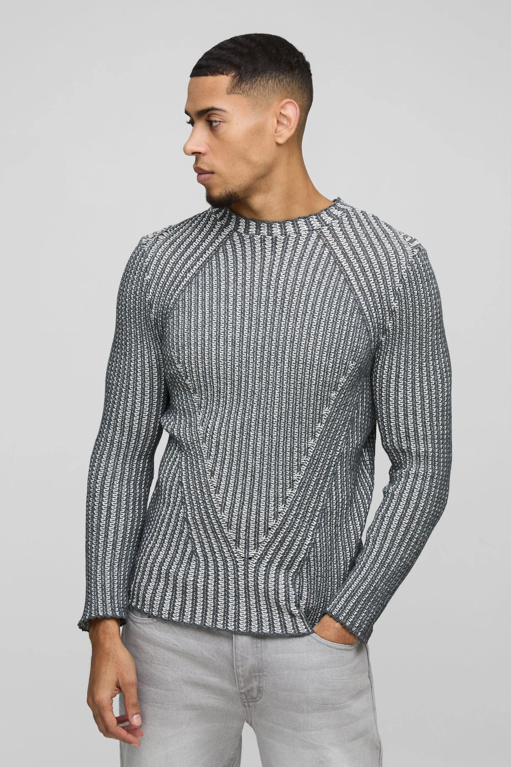 Muscle Fit Two Tone Raglan Ribbed Knit Jumper