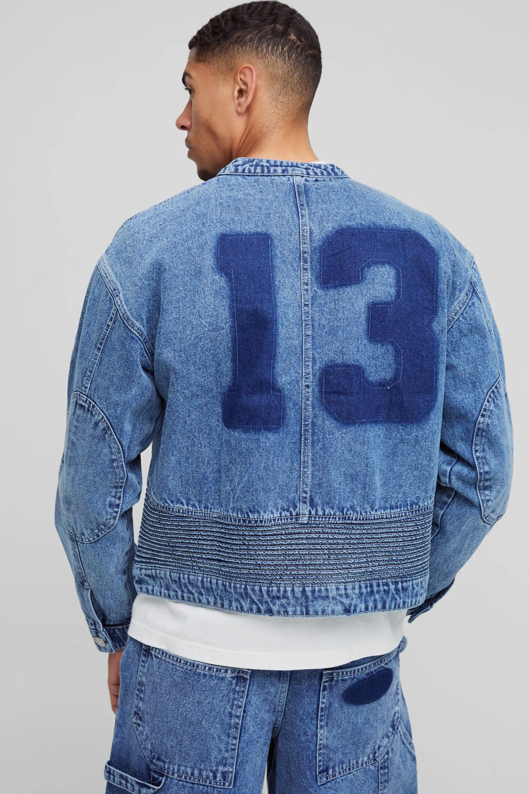 Denim Varsity Boxy Biker Eyelet Detail Jacket