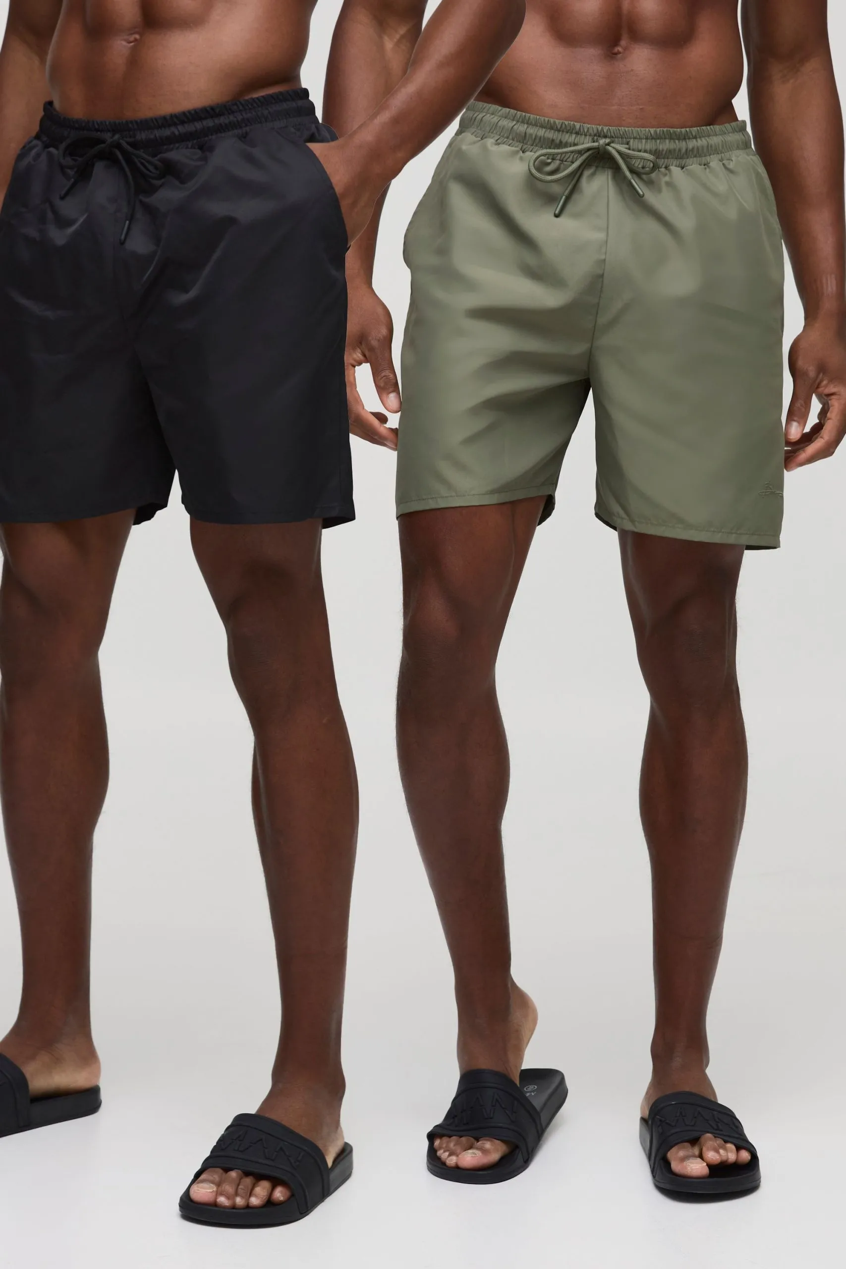 2 Pack Mid Length Swim Shorts in Black and Khaki