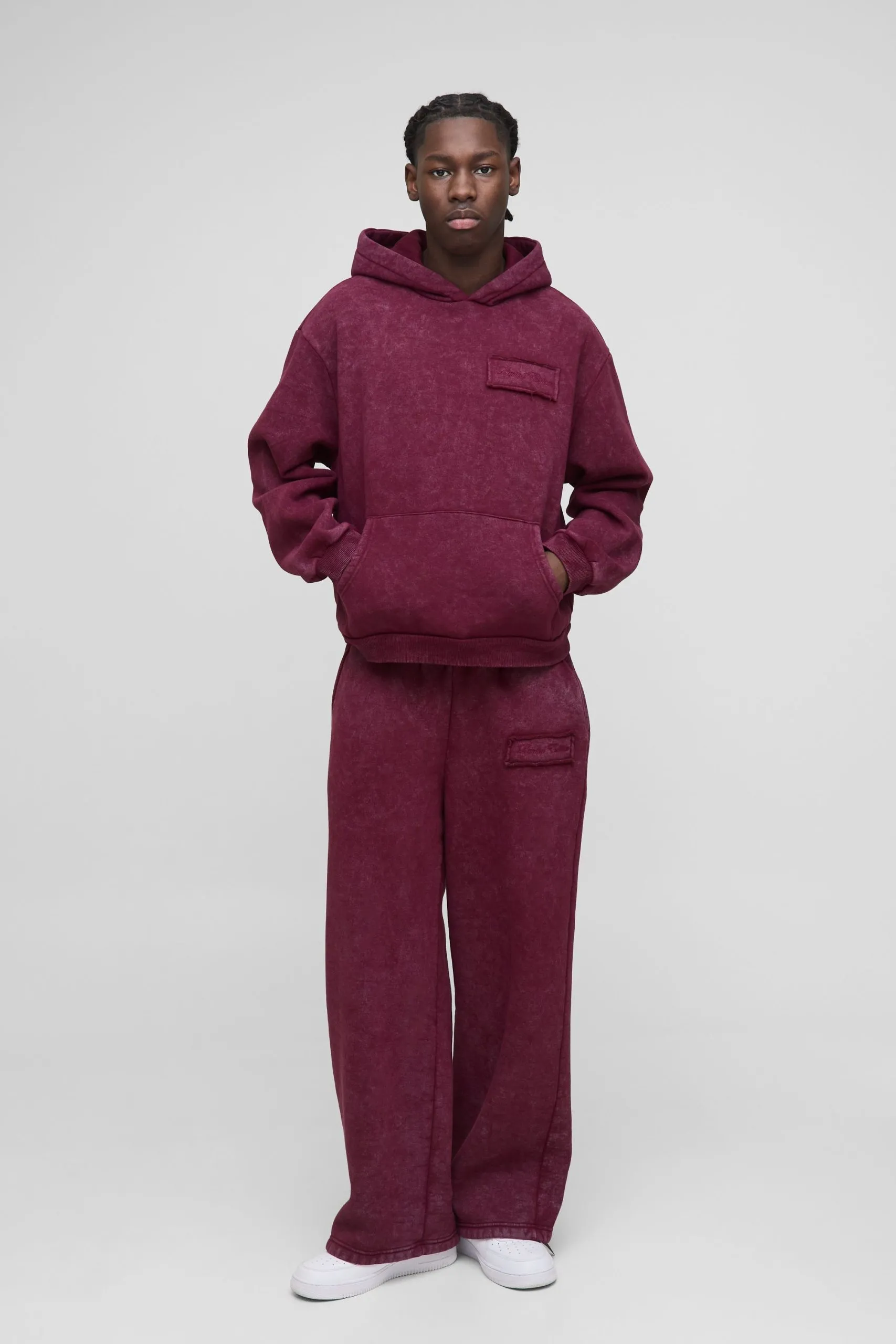 Oversized Boxy Washed Self Applique Tab Hooded Tracksuit