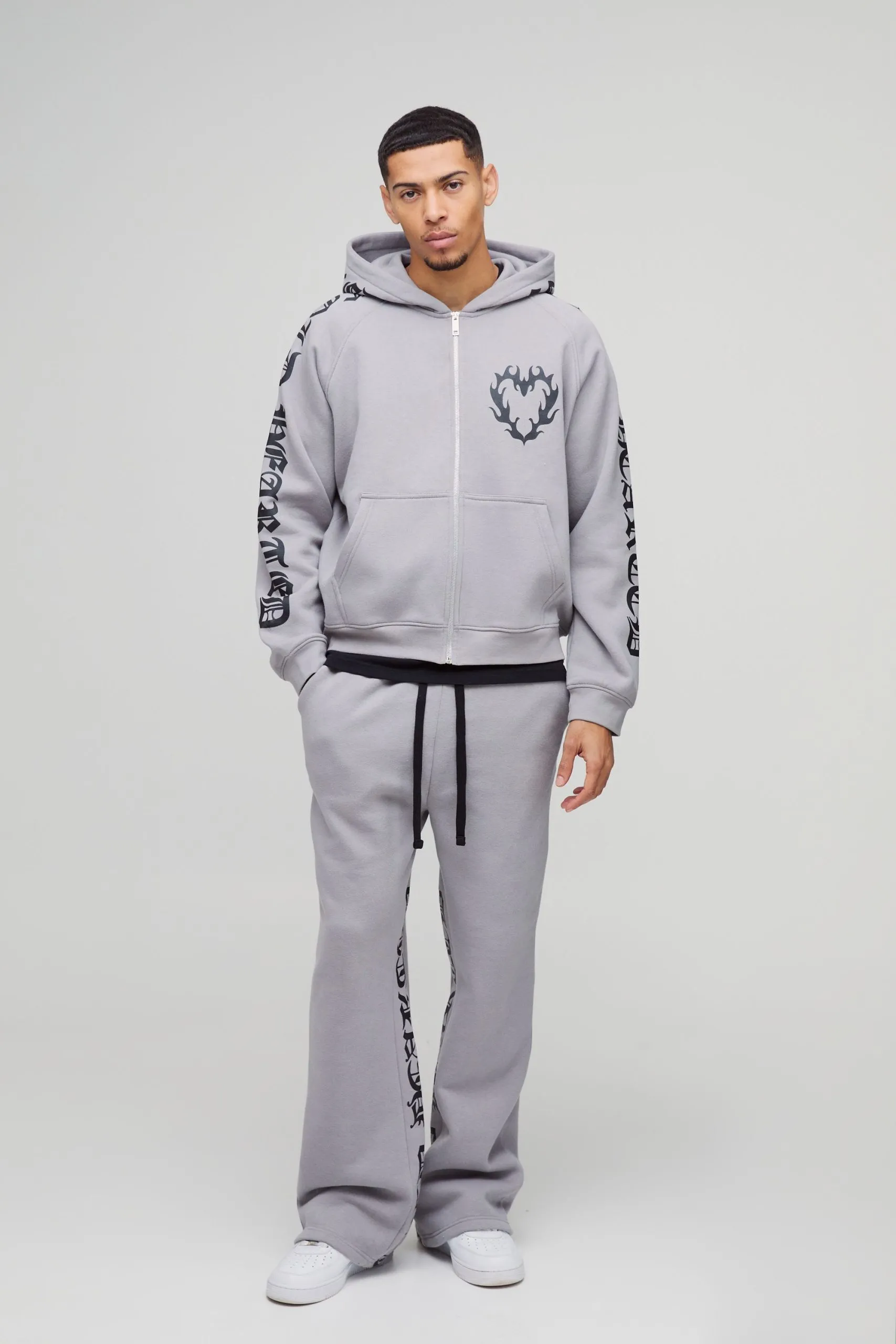 Oversized Boxy Gothic Heart Print Zip Through Gusset Hooded Tracksuit