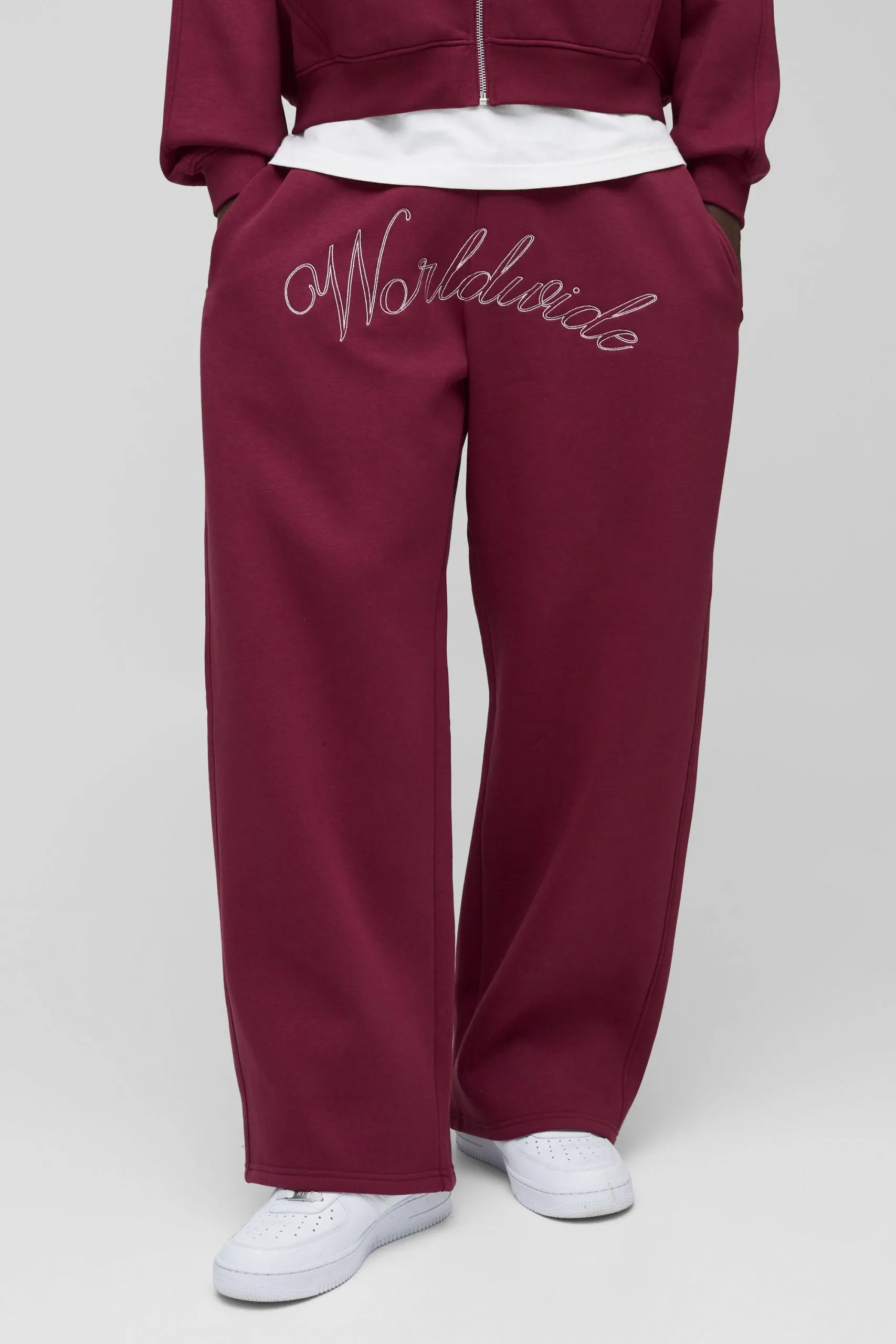 Wide Leg Worldwide Embroidered Joggers