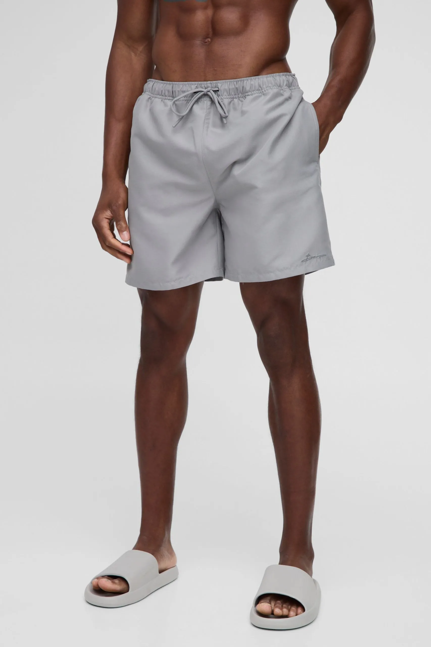 Branded Mid Length Swim Short in Grey