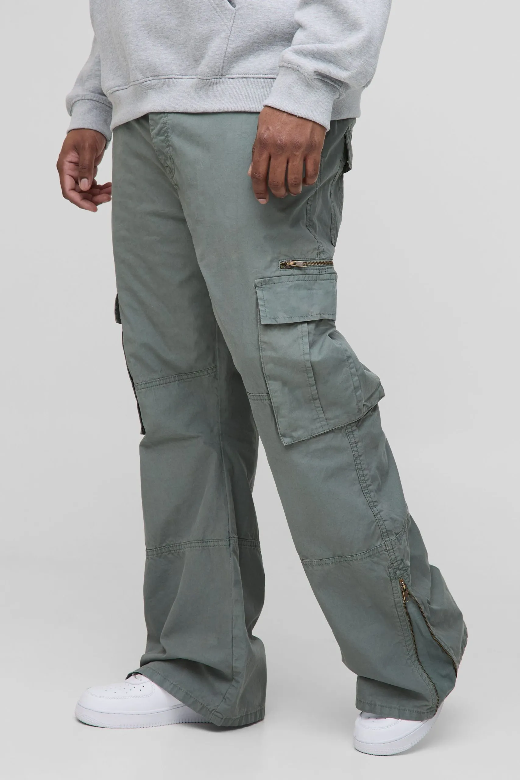 Plus Slim Flare Zip Gusset Overdye Acid Wash Cargo Trouser