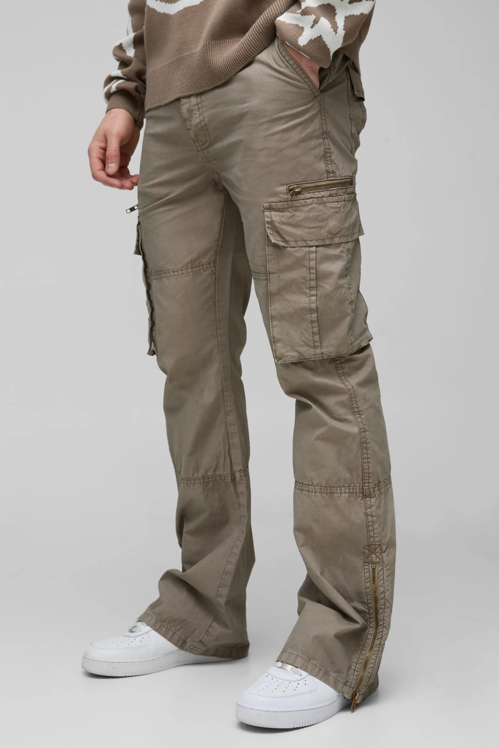 Tall Slim Flare Zip Gusset Overdye Acid Wash Cargo Trouser In Black