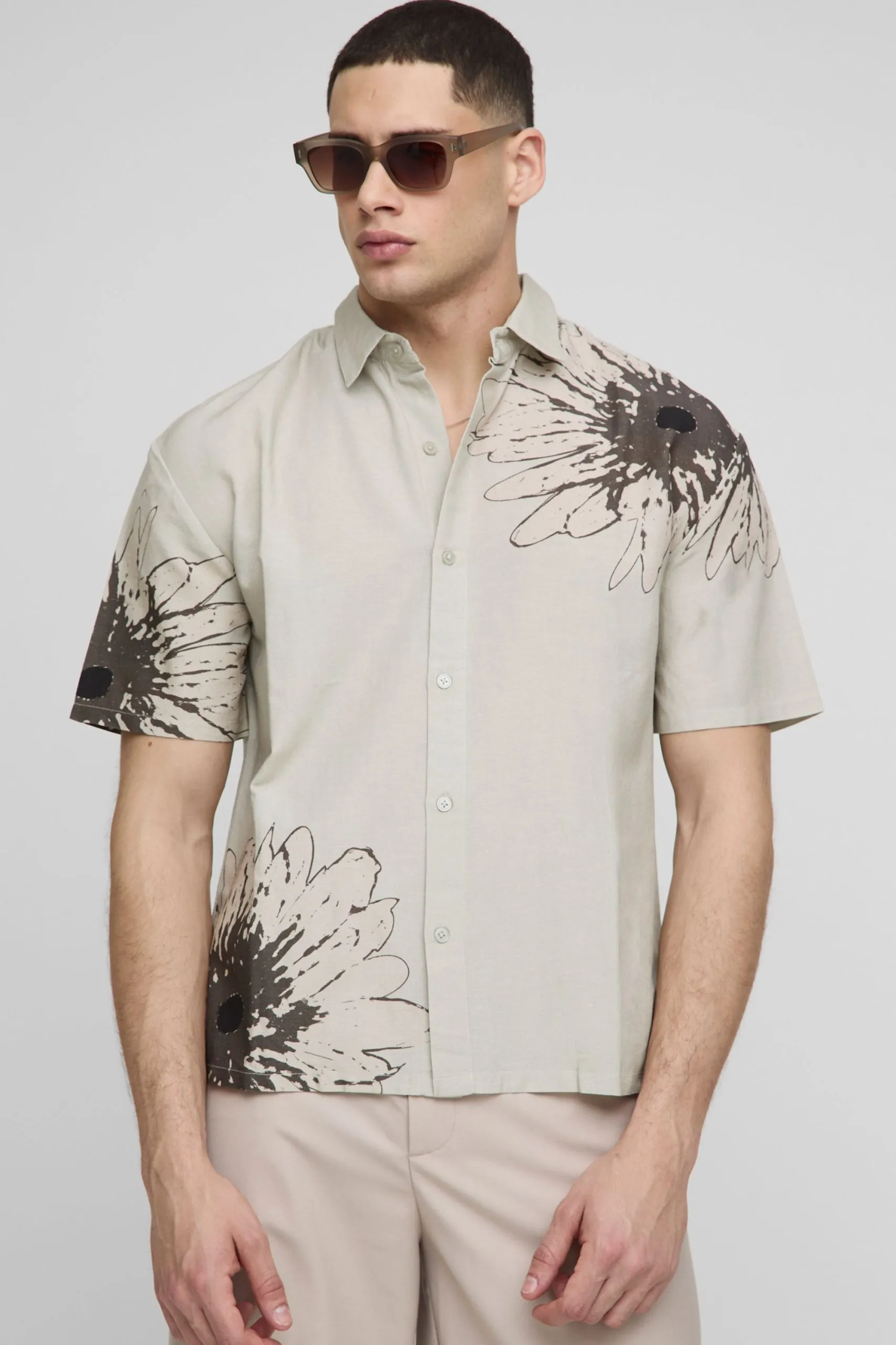 Oversized Floral Print Linen Look Shirt