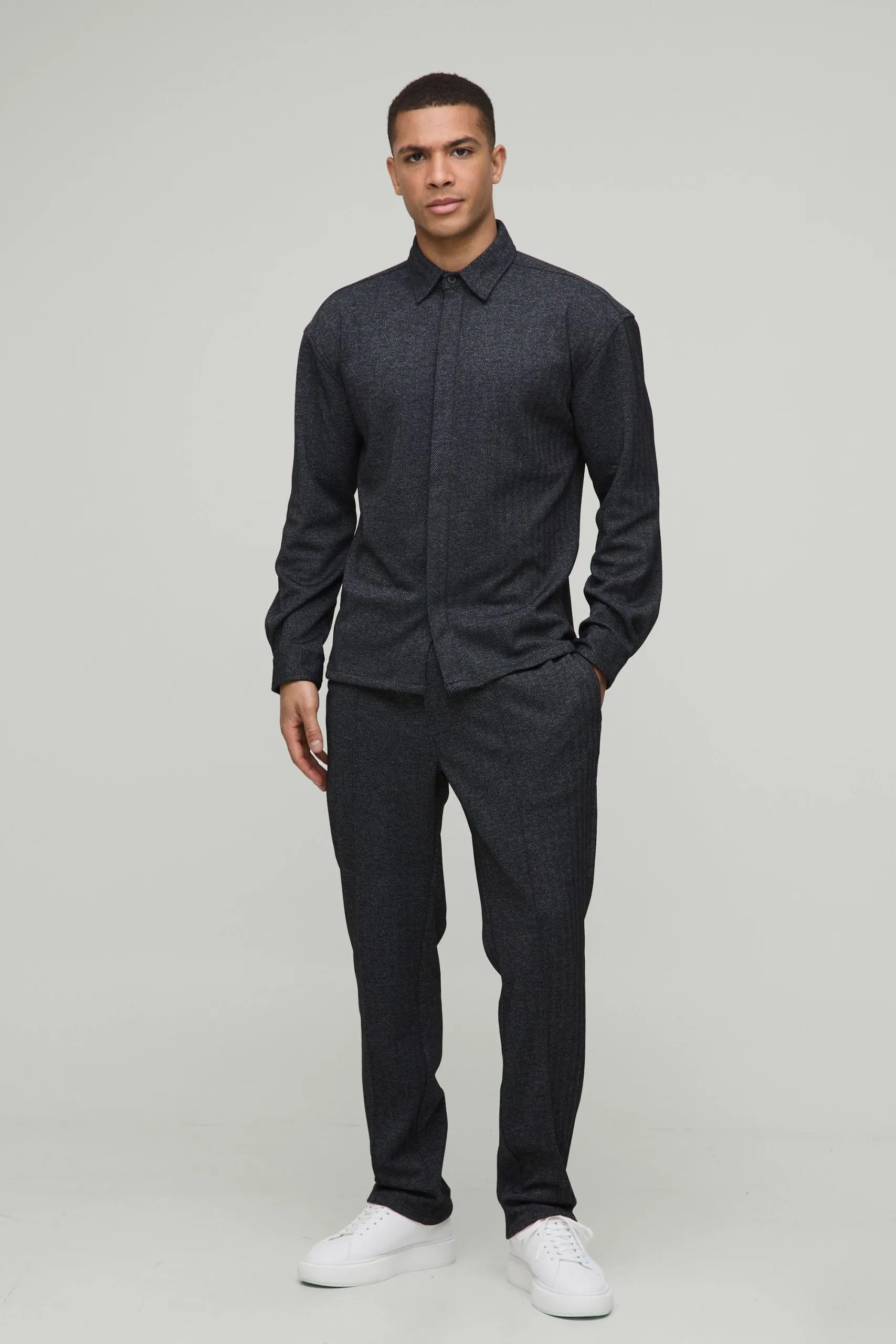 Regular Herringbone Concealed Placket Overshirt & Tapered Trouser Set