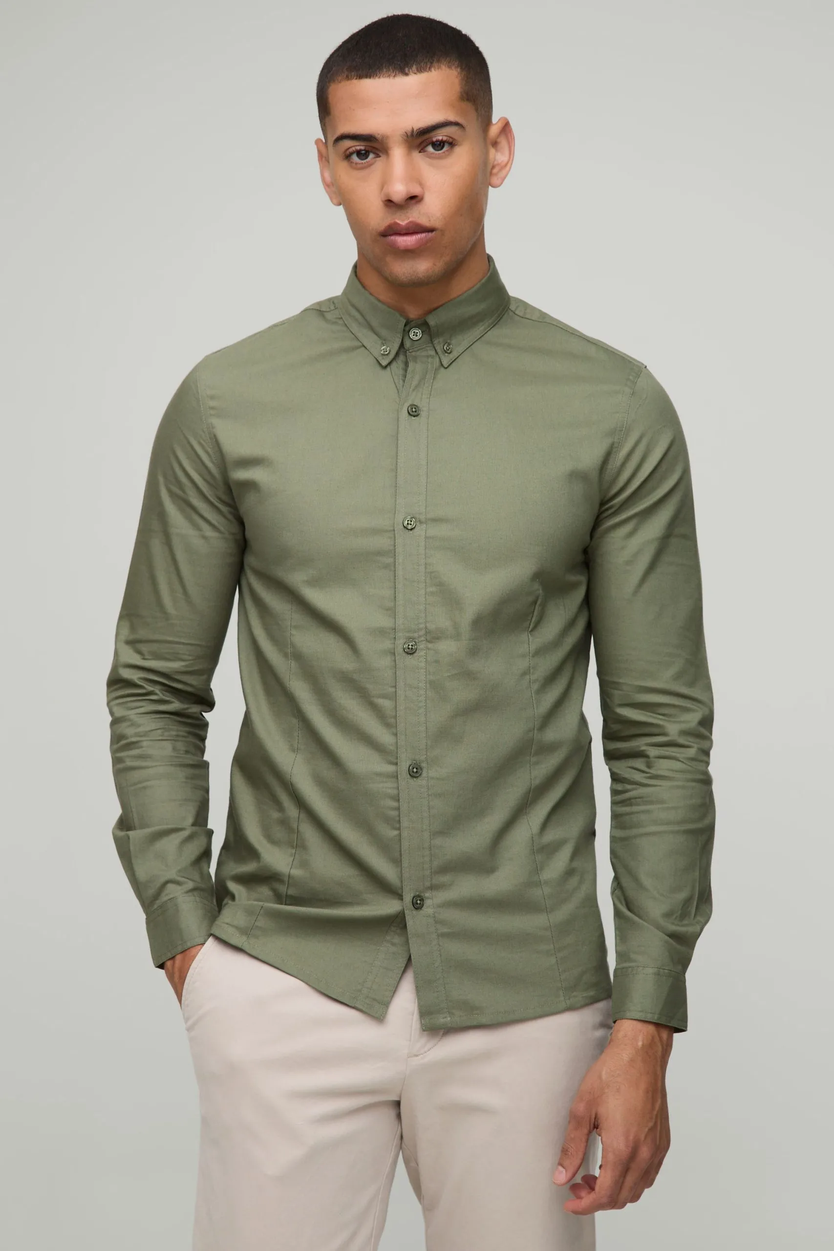 Slim Fit Button Down Collar Oxford Long Sleeve Shirt