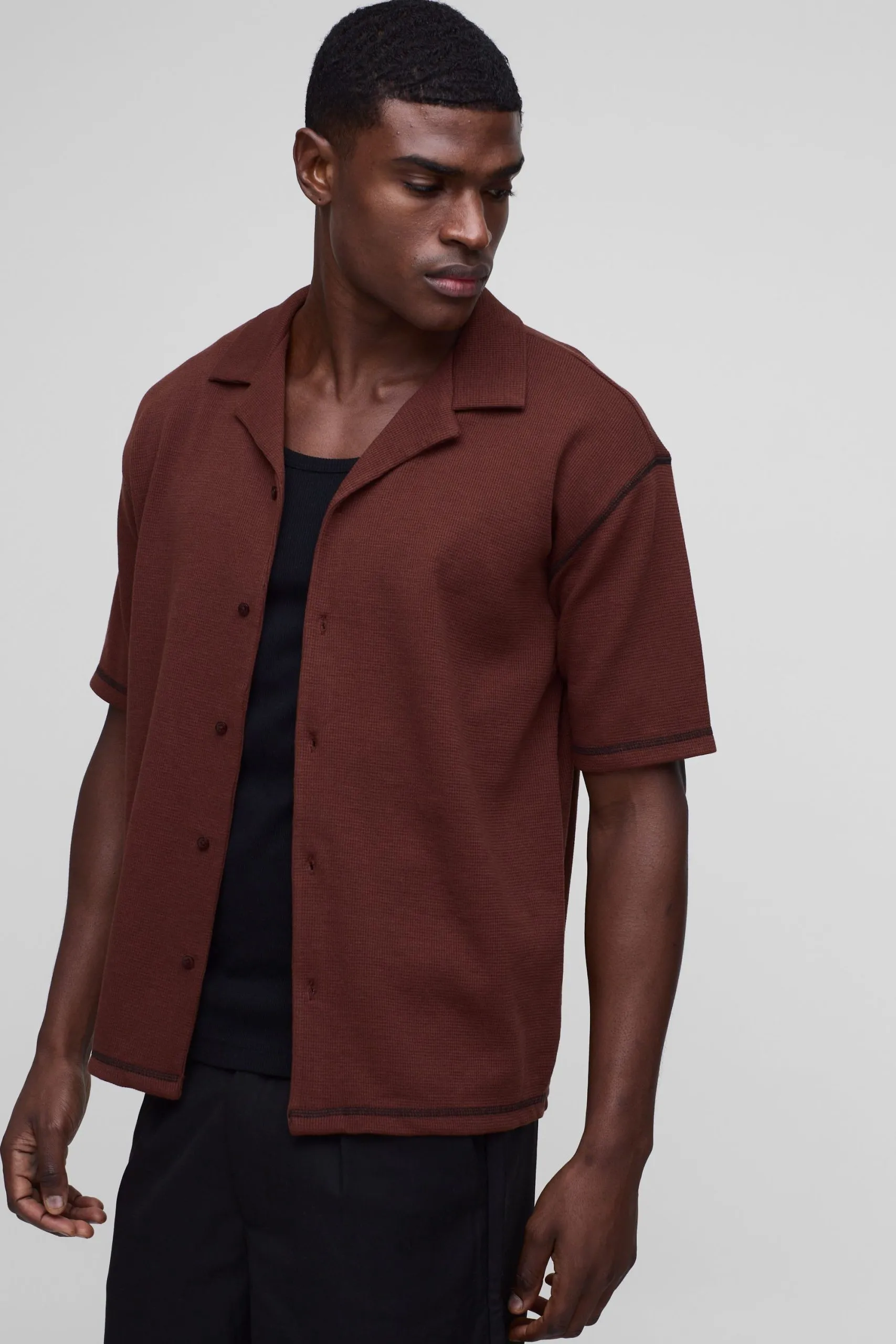 Waffle Contrast Stitch Oversized Revere Shirt