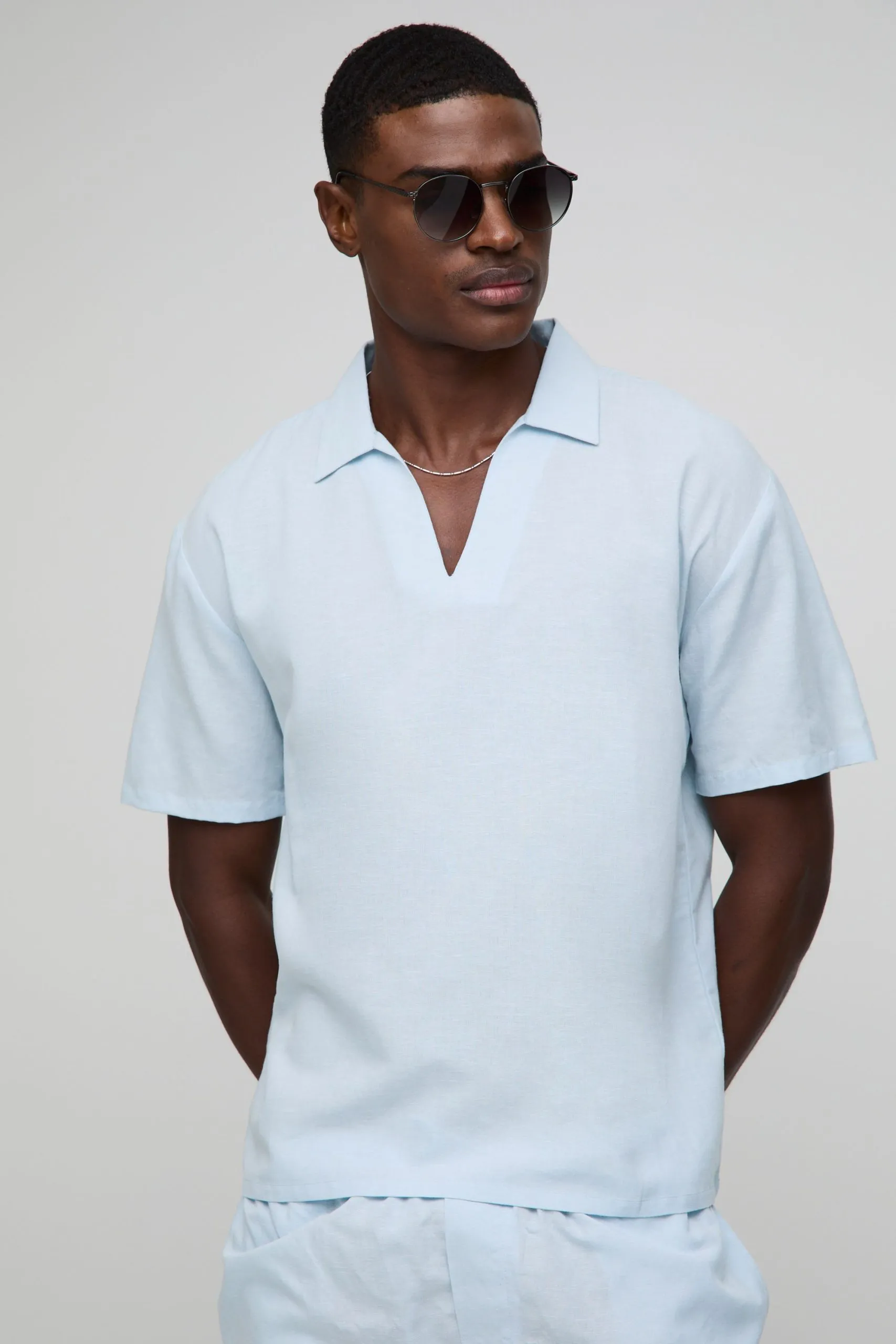 Oversized V-Neck Overhead Linen Blend Shirt
