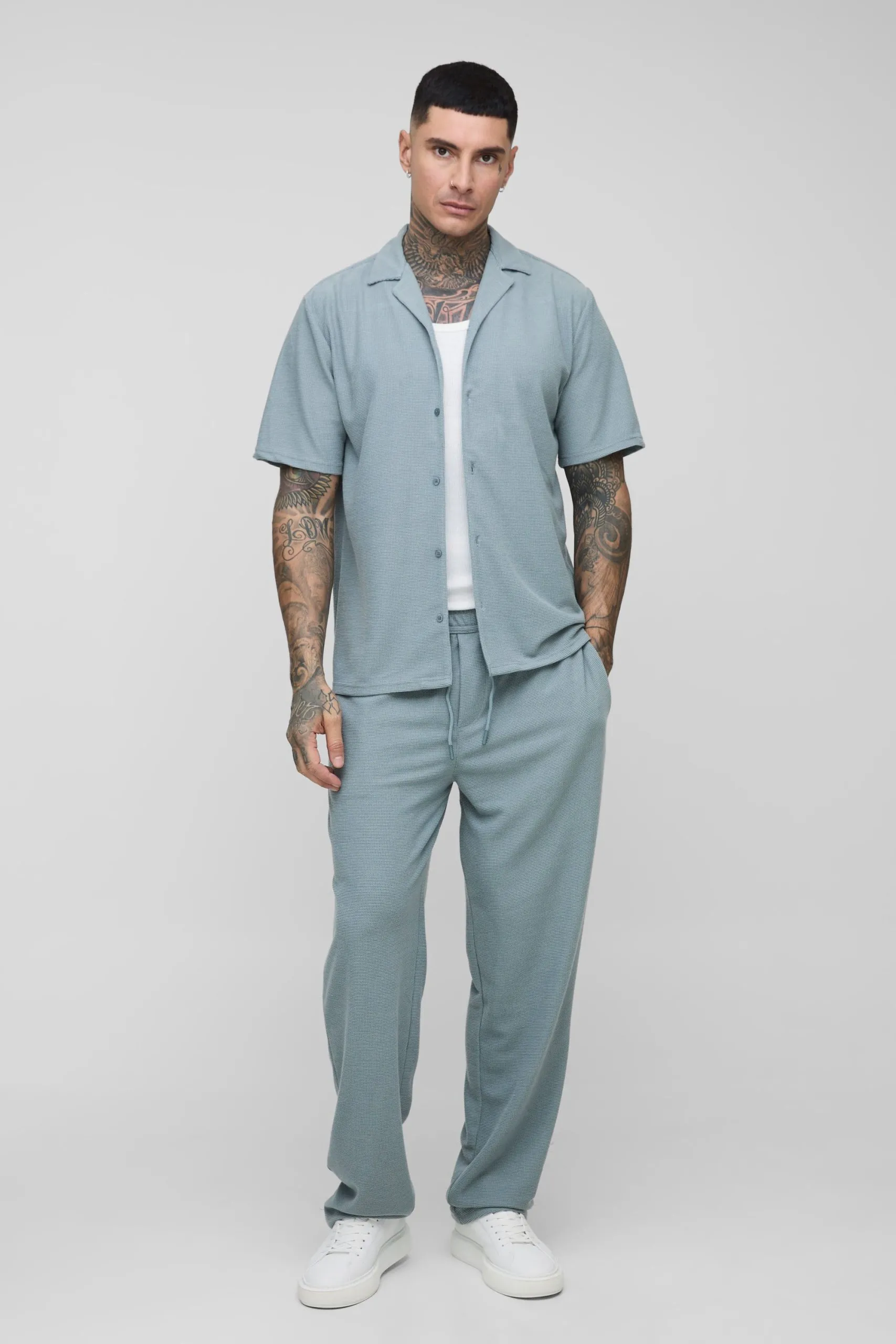 Tall Waffle Regular Fit Revere Shirt and Straight Leg Trouser Set