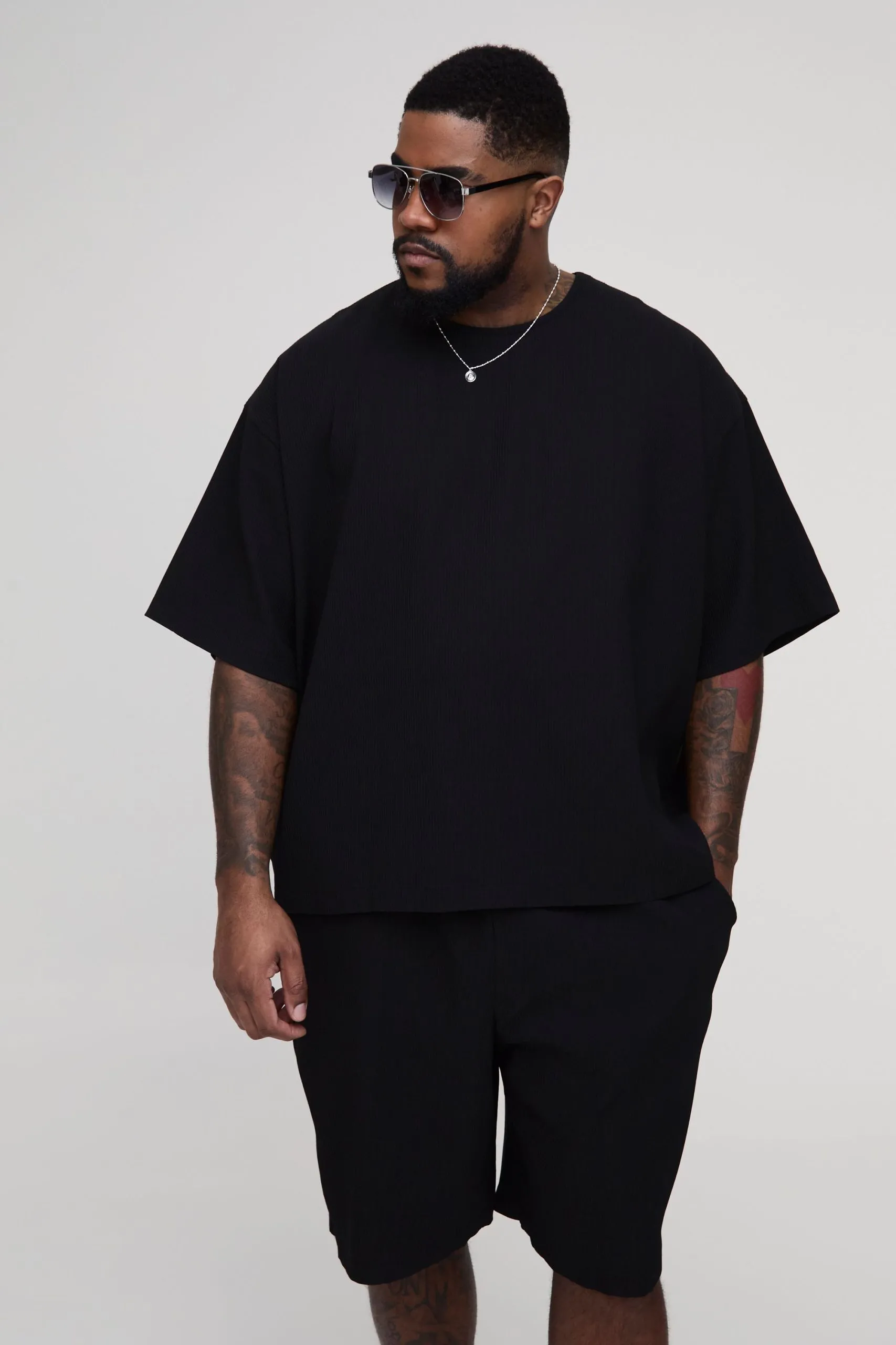 Plus Pleated Boxy Oversized T-Shirt & Short Set
