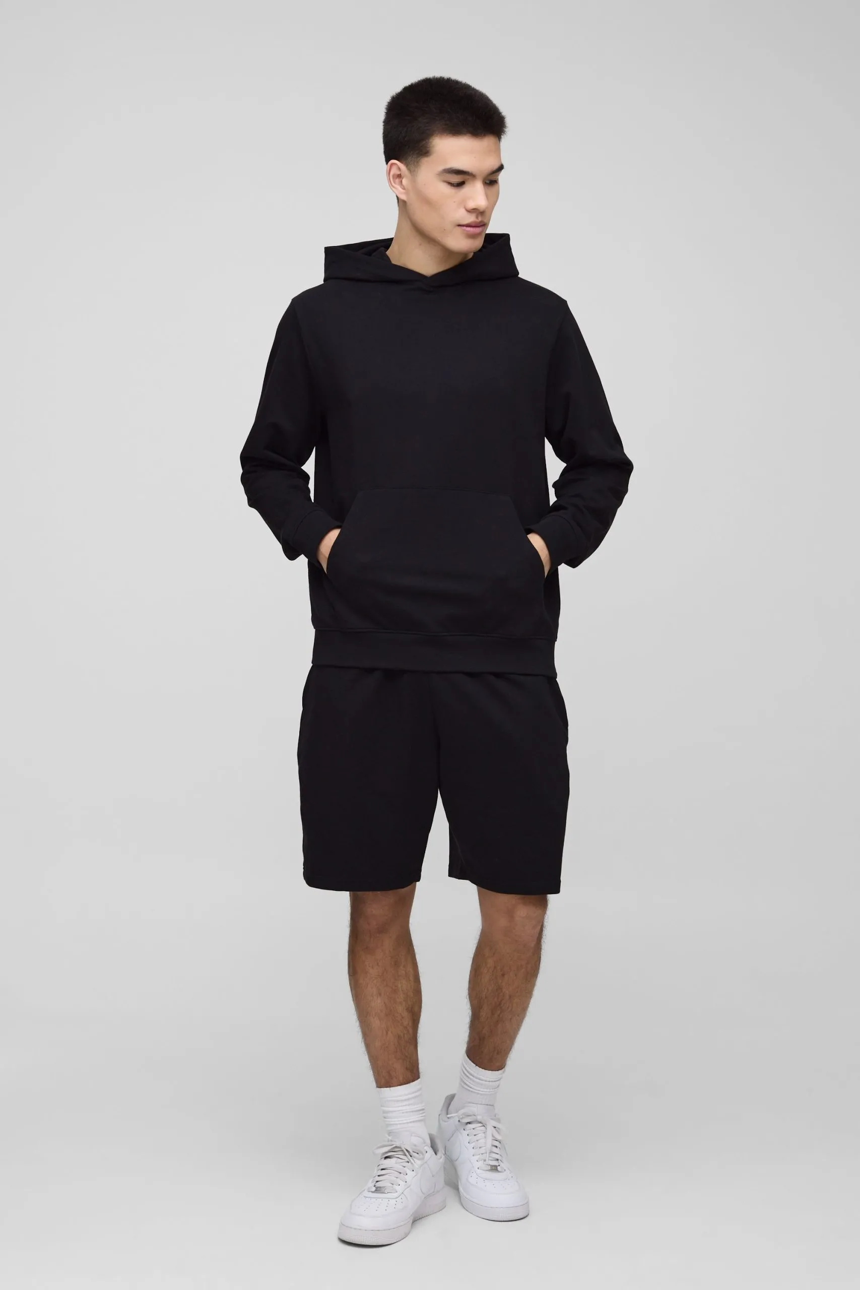 Lightweight Basic Regular Fit Over The Head Hoodie and Relaxed Jersey Short Set