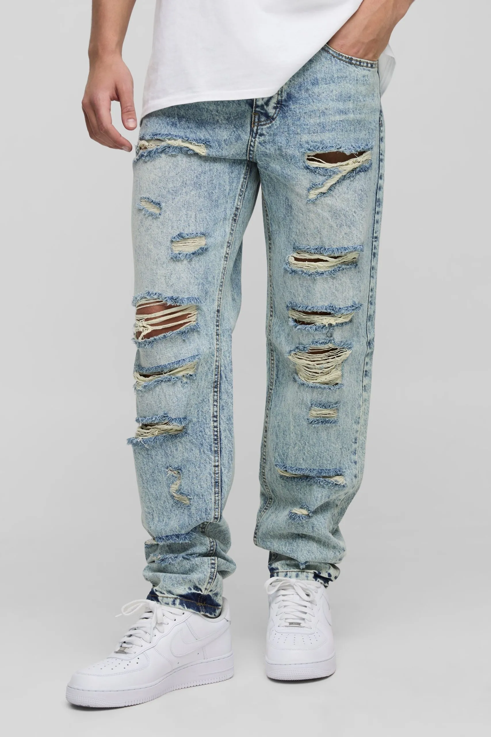 Slim Stacked Washed All Over Ripped Jeans