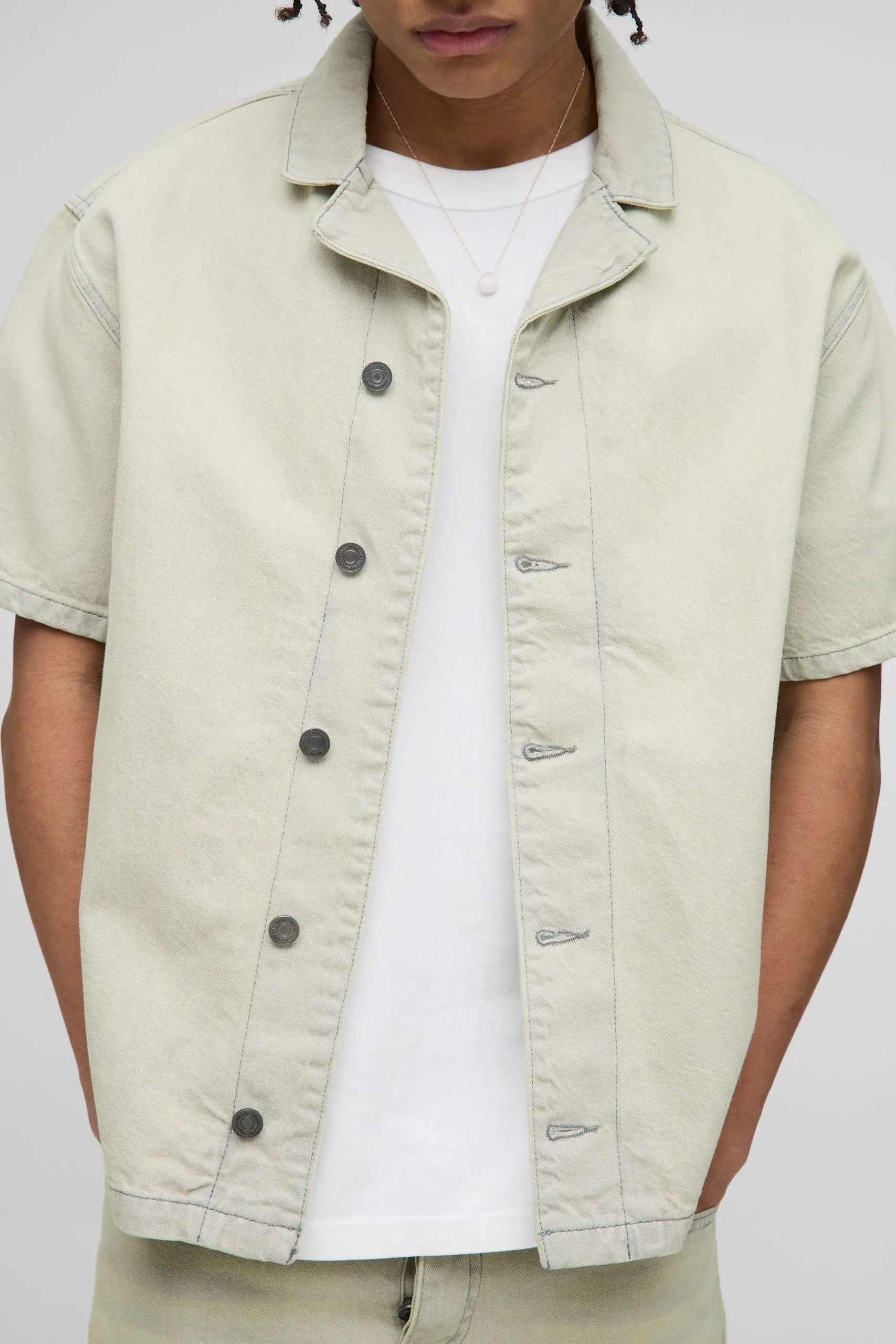 Boxy Revere Light Stone Washed Denim Shirt