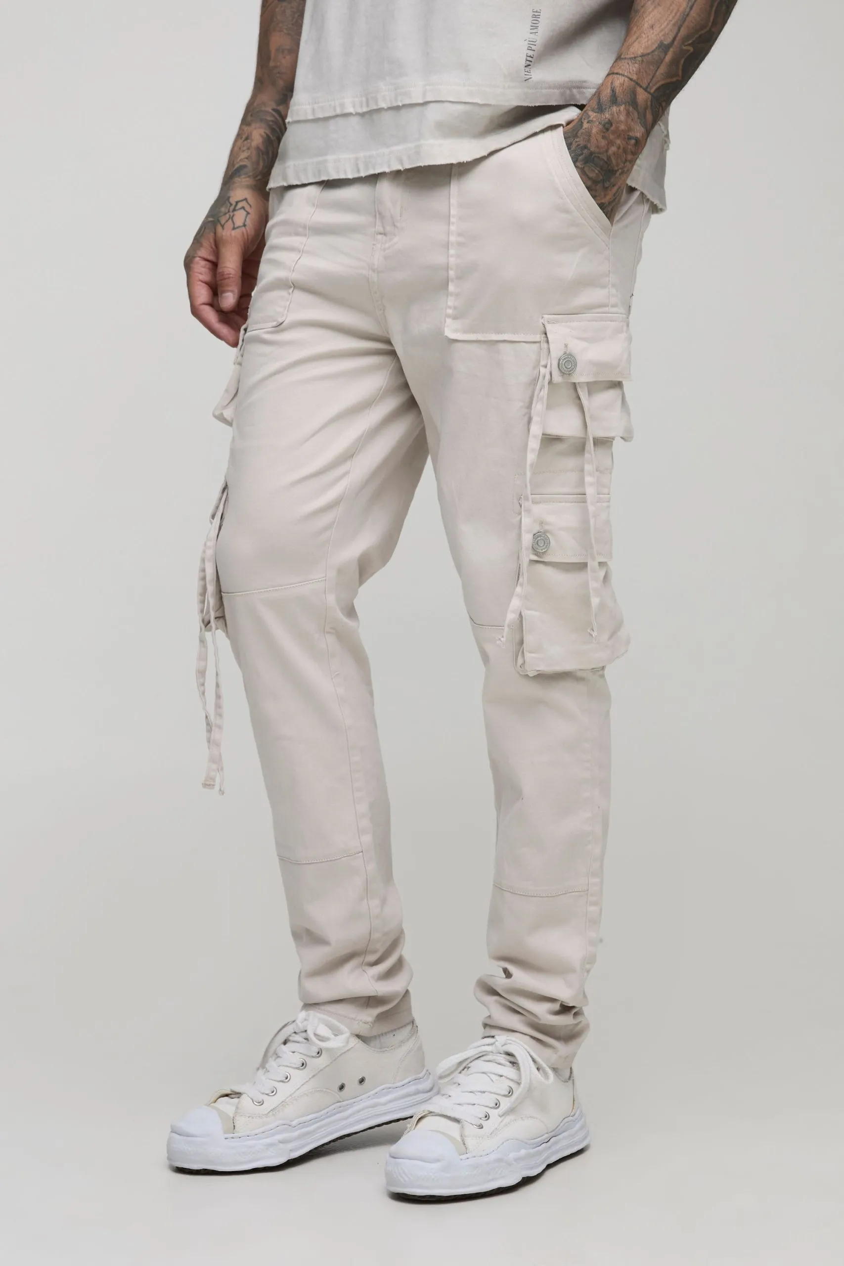 Tall Fixed Waist Multi Cargo Strap Detail Skinny Cargo Trousers
