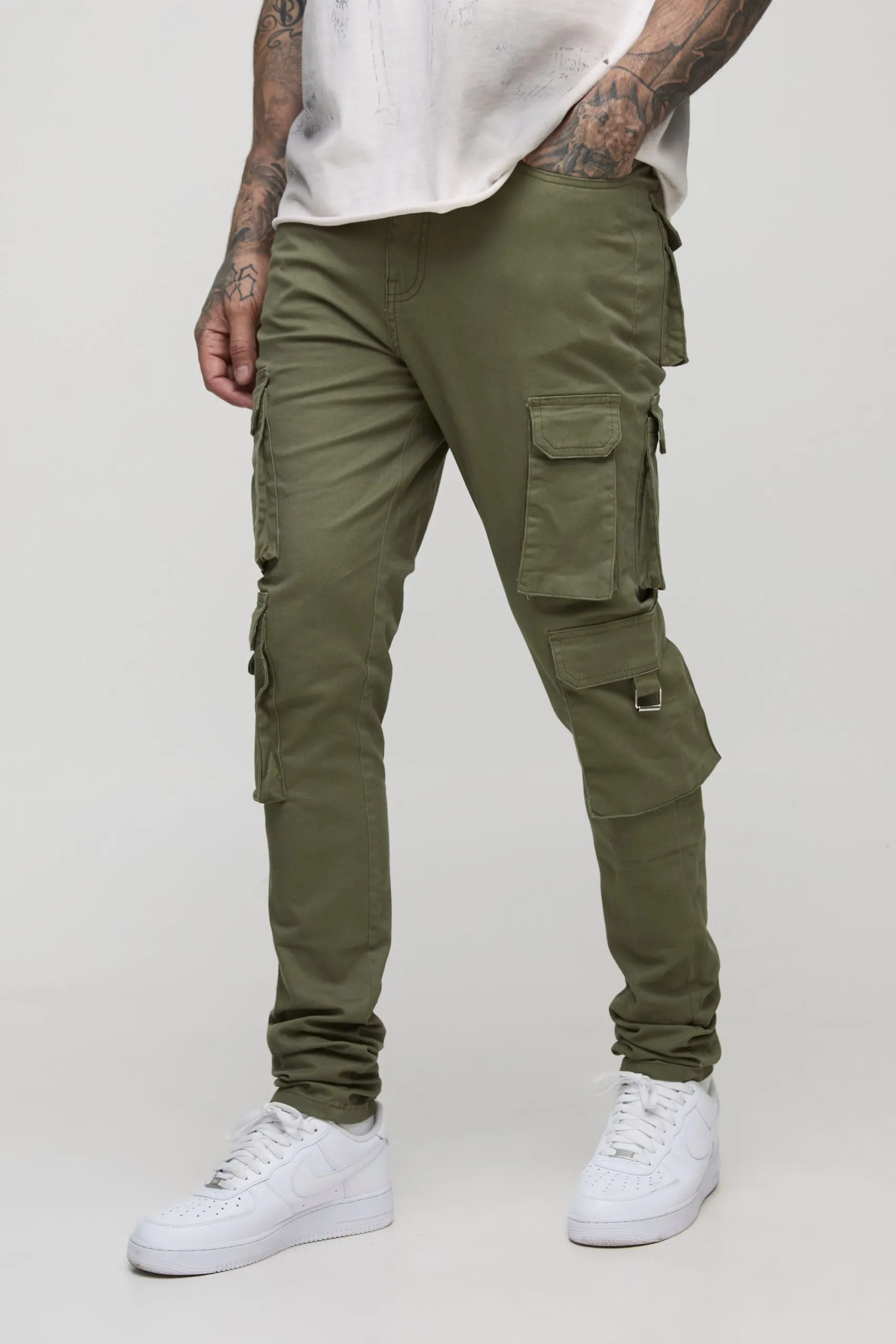 Tall Fixed Waist Multi Cargo Stacked Skinny Cargo Trousers