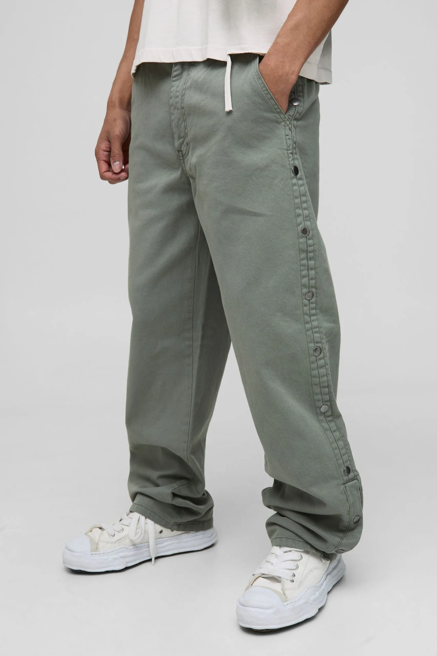Relaxed Fit Overdyed Twill Popper Hem Trousers