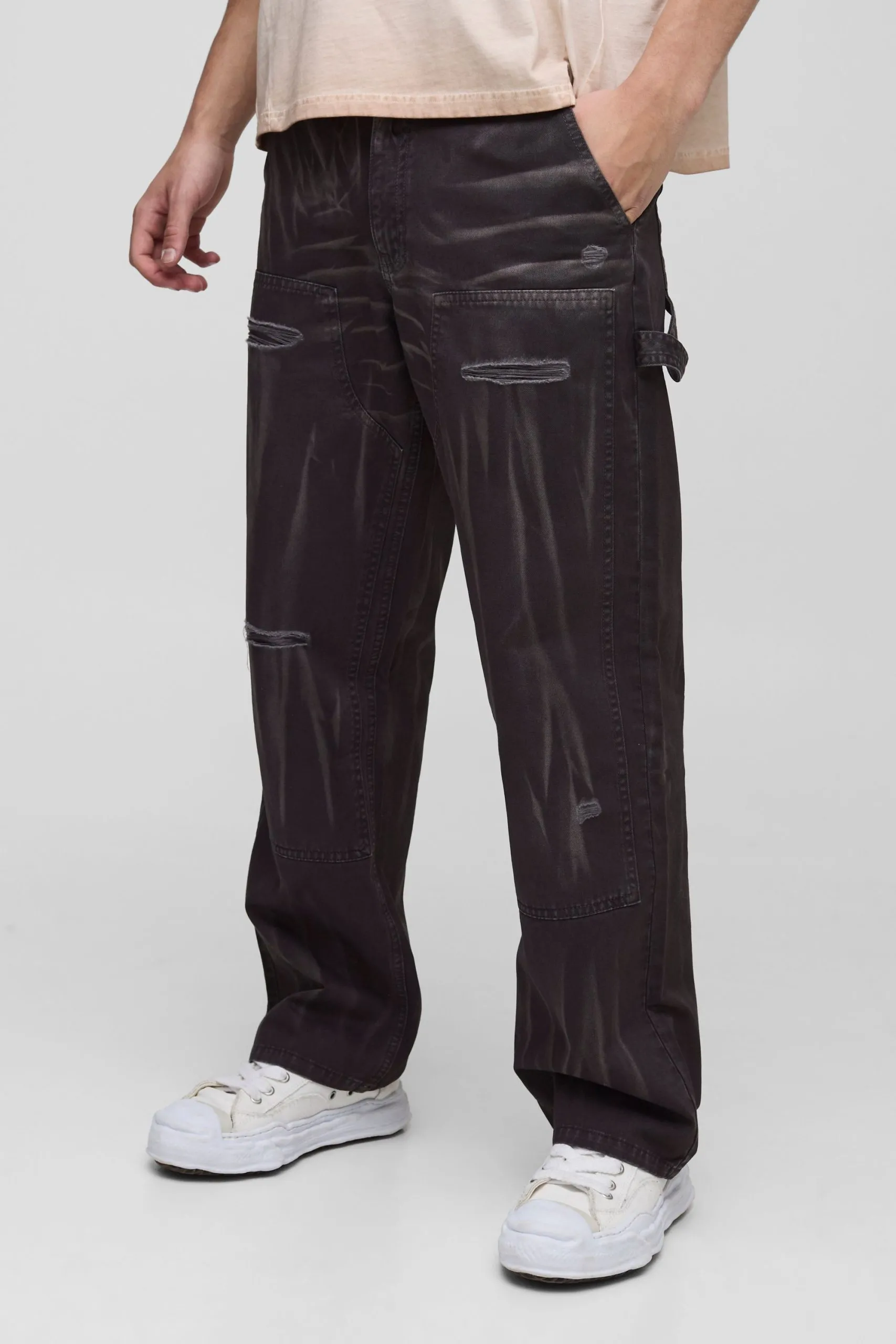 Relaxed Fit Overdye Ripped Carpenter Trousers