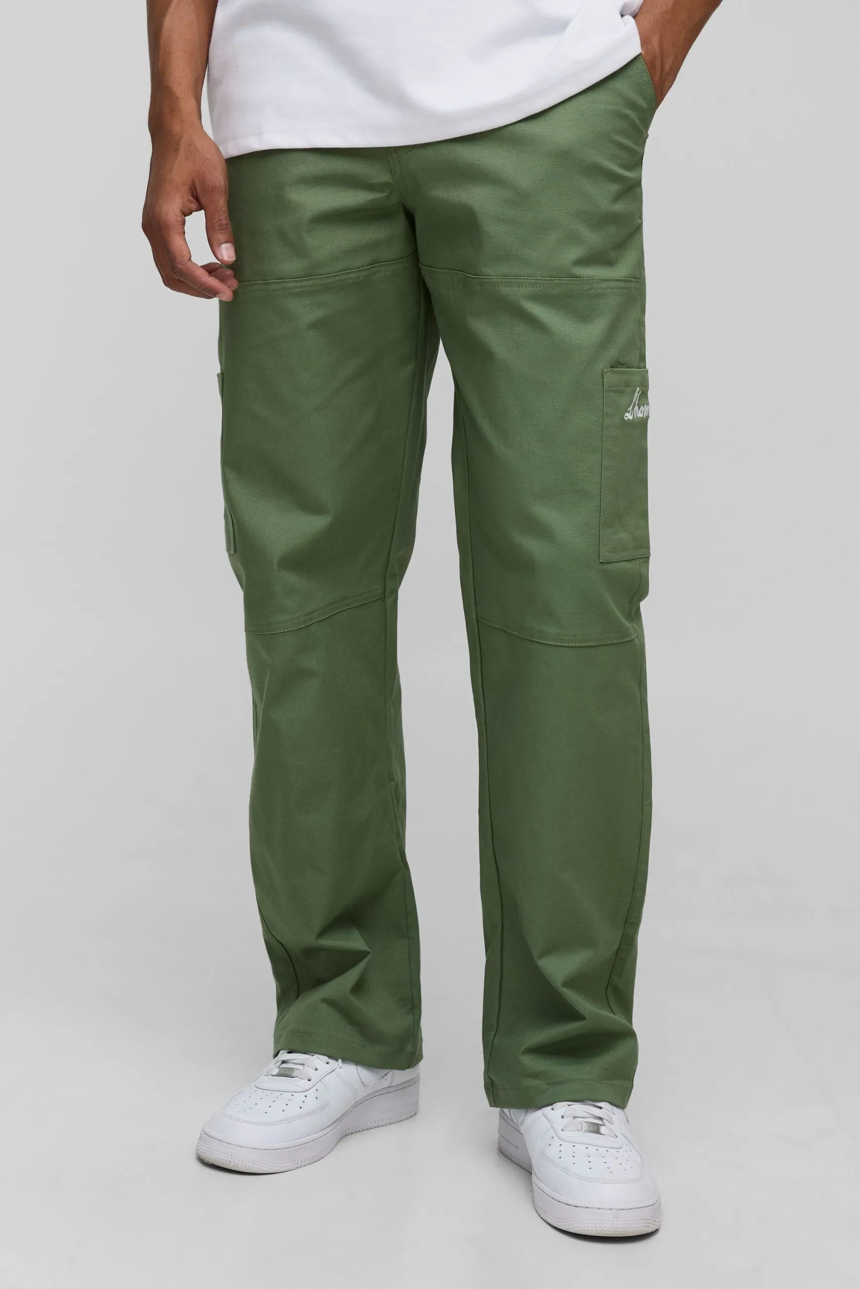 Relaxed Fit Canvas Embroidery Panelled Cargo Trouser