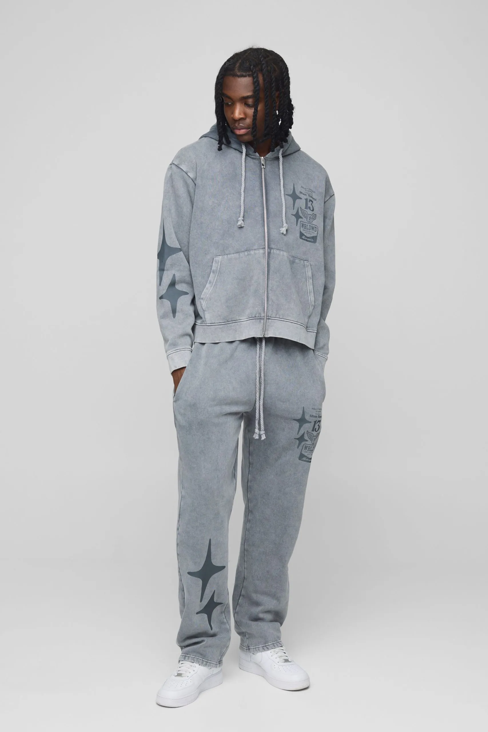 Oversized Boxy Graphic Washed Hooded Zip Tracksuit