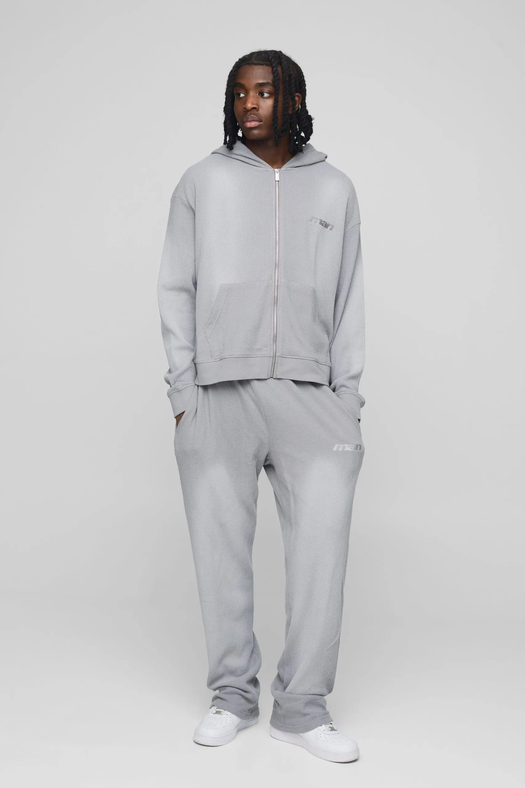 Oversized Boxy Man Washed Waffle Hooded Zip Tracksuit