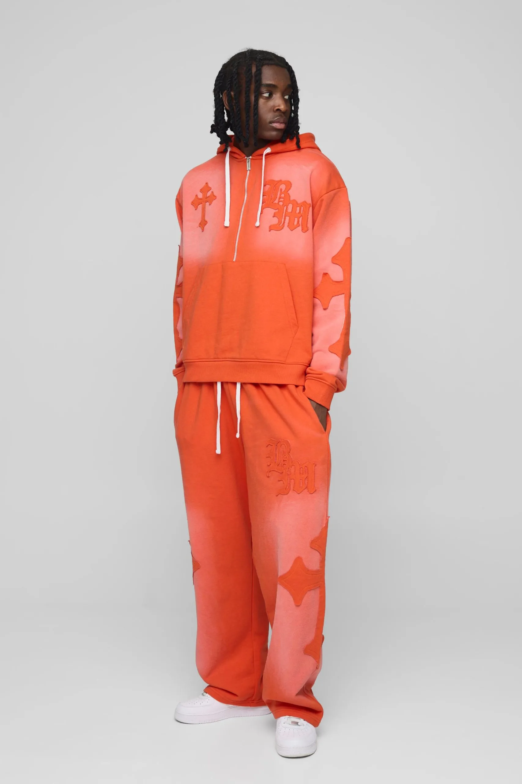 Oversized Boxy Cross Applique Wash Hooded Tracksuit