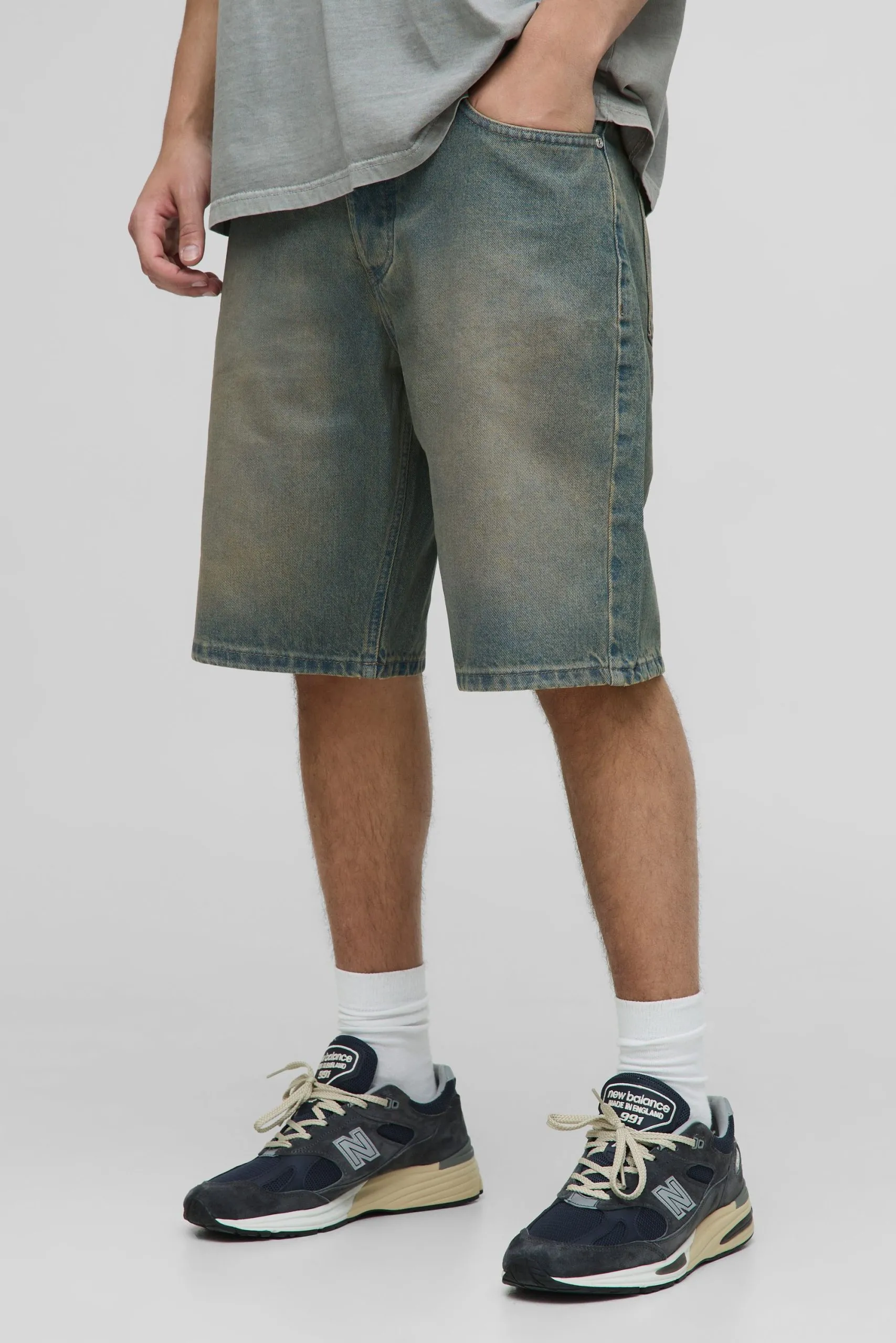 Relaxed Fit Antique Washed Denim Shorts