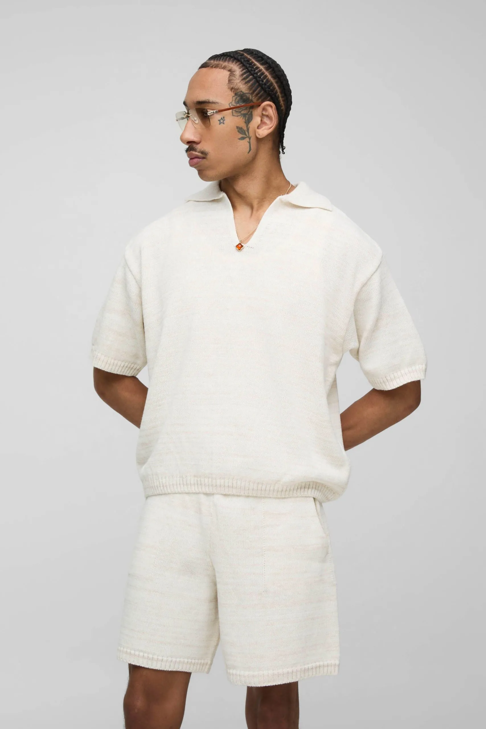 Oversized Boxy Marl V Neck Polo & Relaxed Short Knitted Set