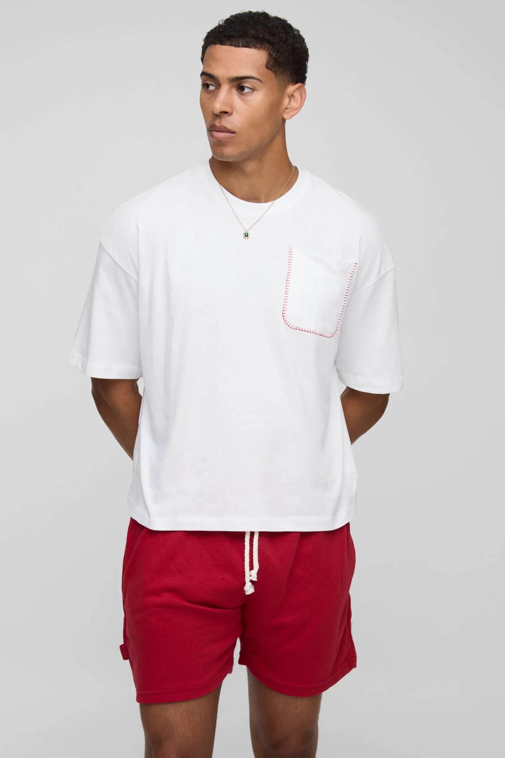 Oversized Boxy Blanket Stitch Rope Detail T-Shirt & Short Set