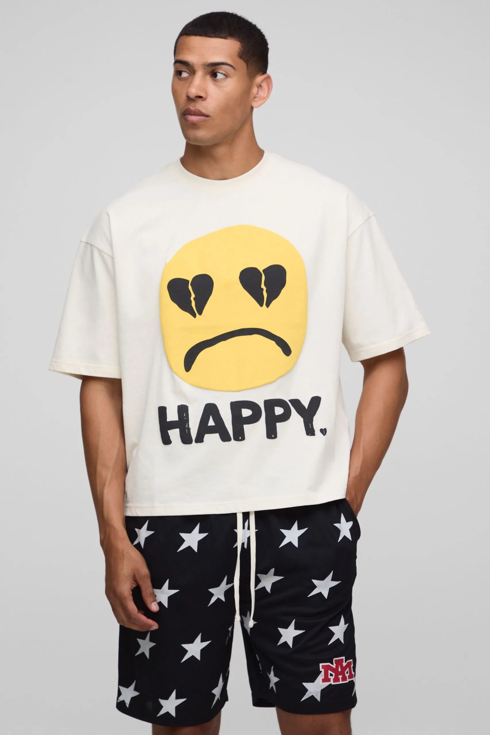 Oversized Boxy Puff Printed T-Shirt And Mesh Star Short Set