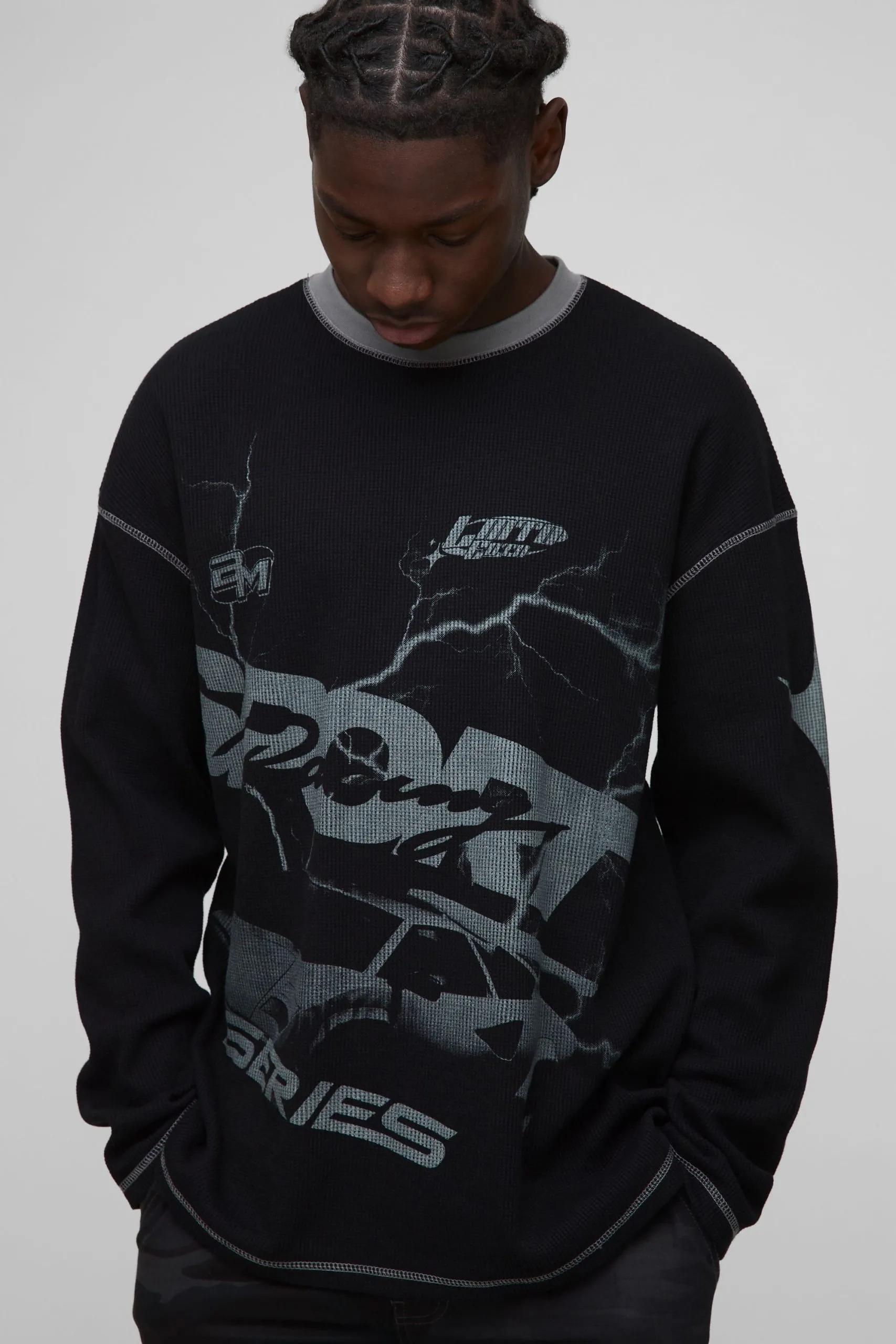 Oversized Long Sleeve Printed Waffle Sweatshirt