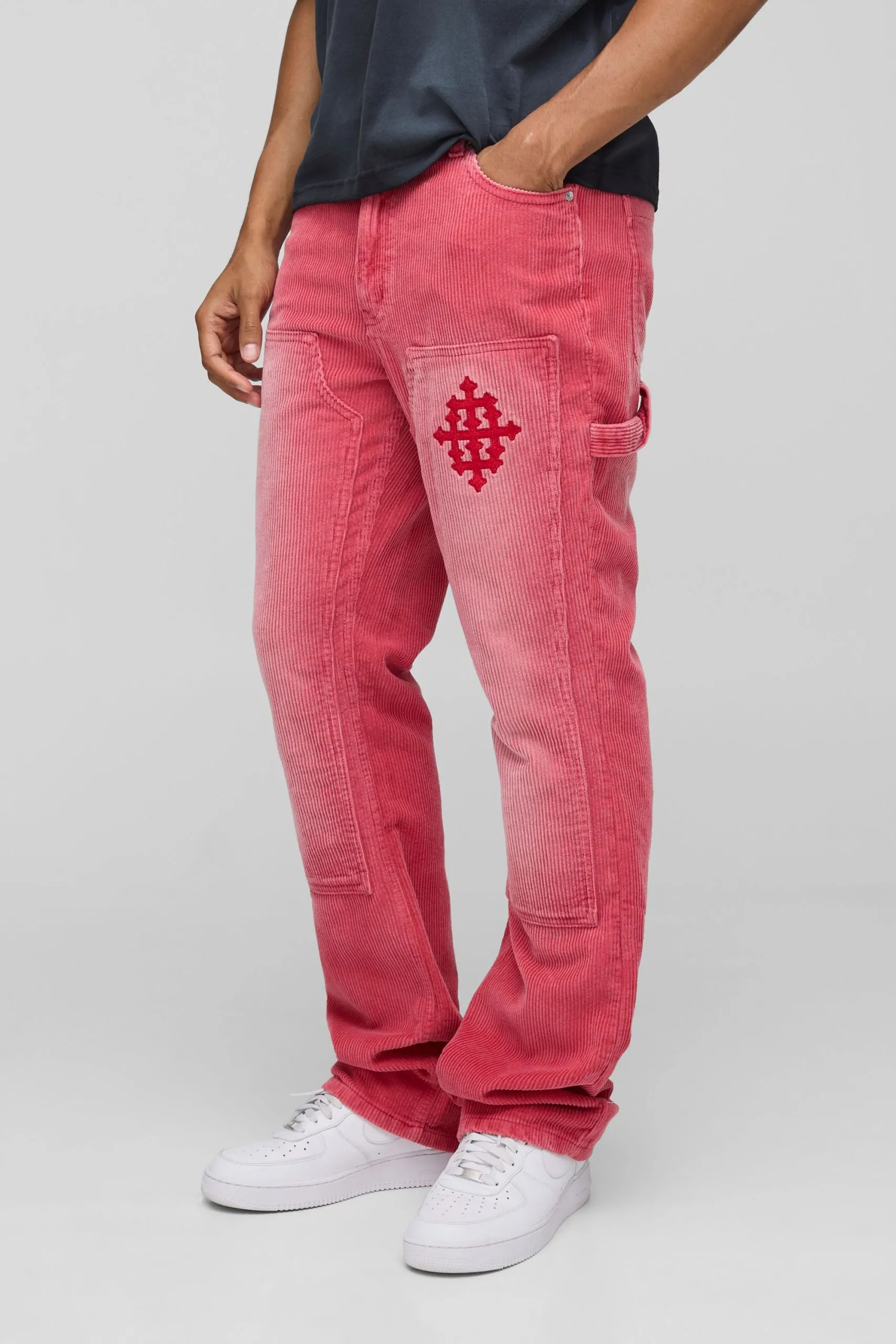 Skinny Stacked Flared Washed Corduroy Carpenter Trousers