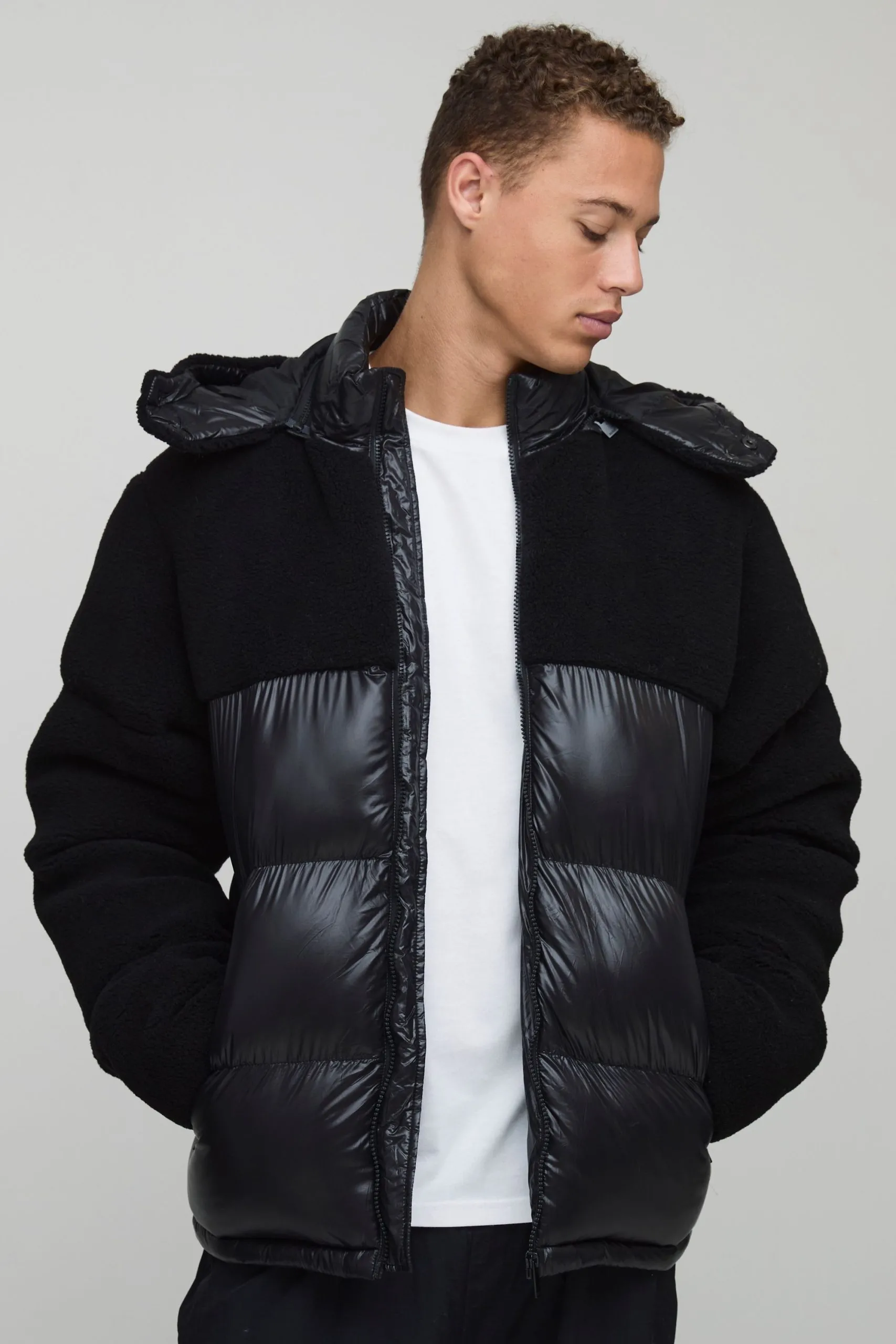 Tall Borg and High Shine Hooded Regular Fit Puffer in Black