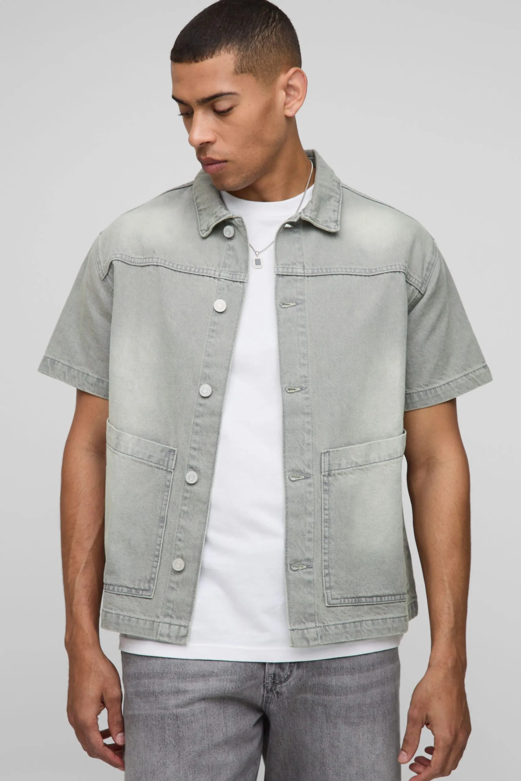 Boxy Short Sleeve Tinted Denim Shirt