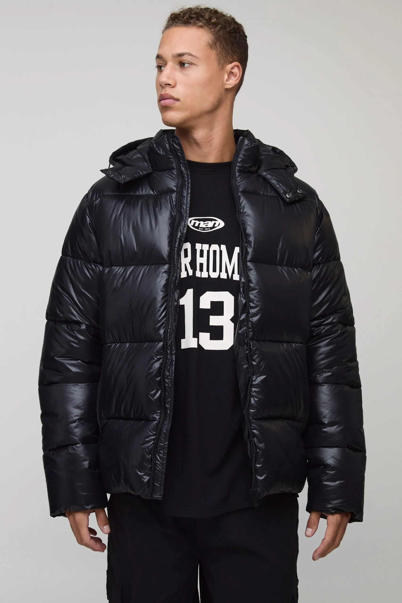 Tall Regular Fit High Shine Puffer Jacket in Black