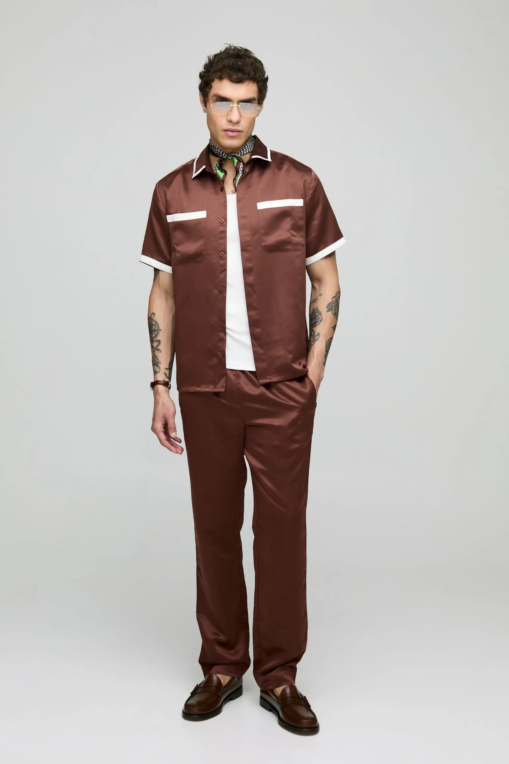 Regular Short Sleeve Contrast Panel Satin Shirt & Straight Fit Trouser Set
