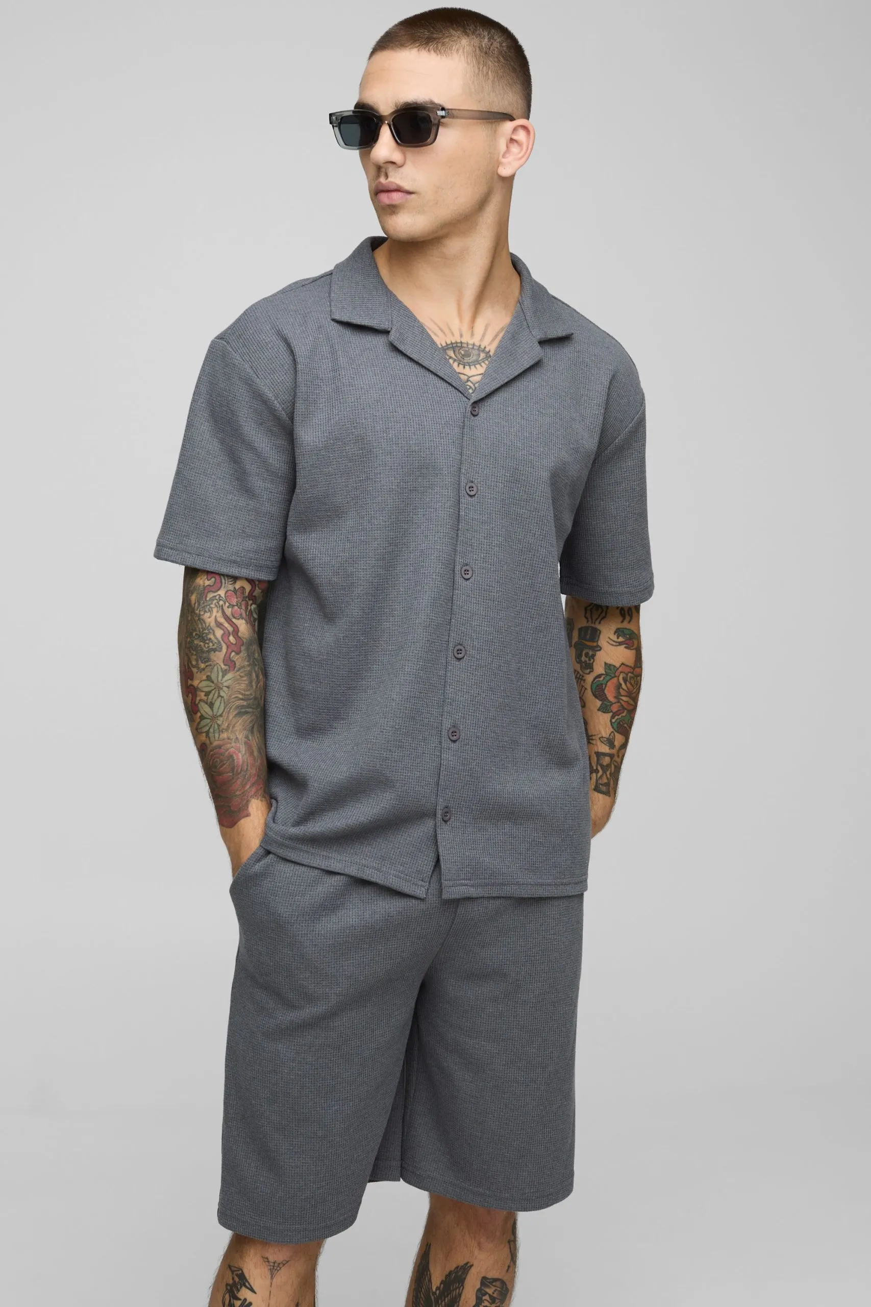 Waffle Oversized Short Sleeve Shirt & Relaxed Short Set