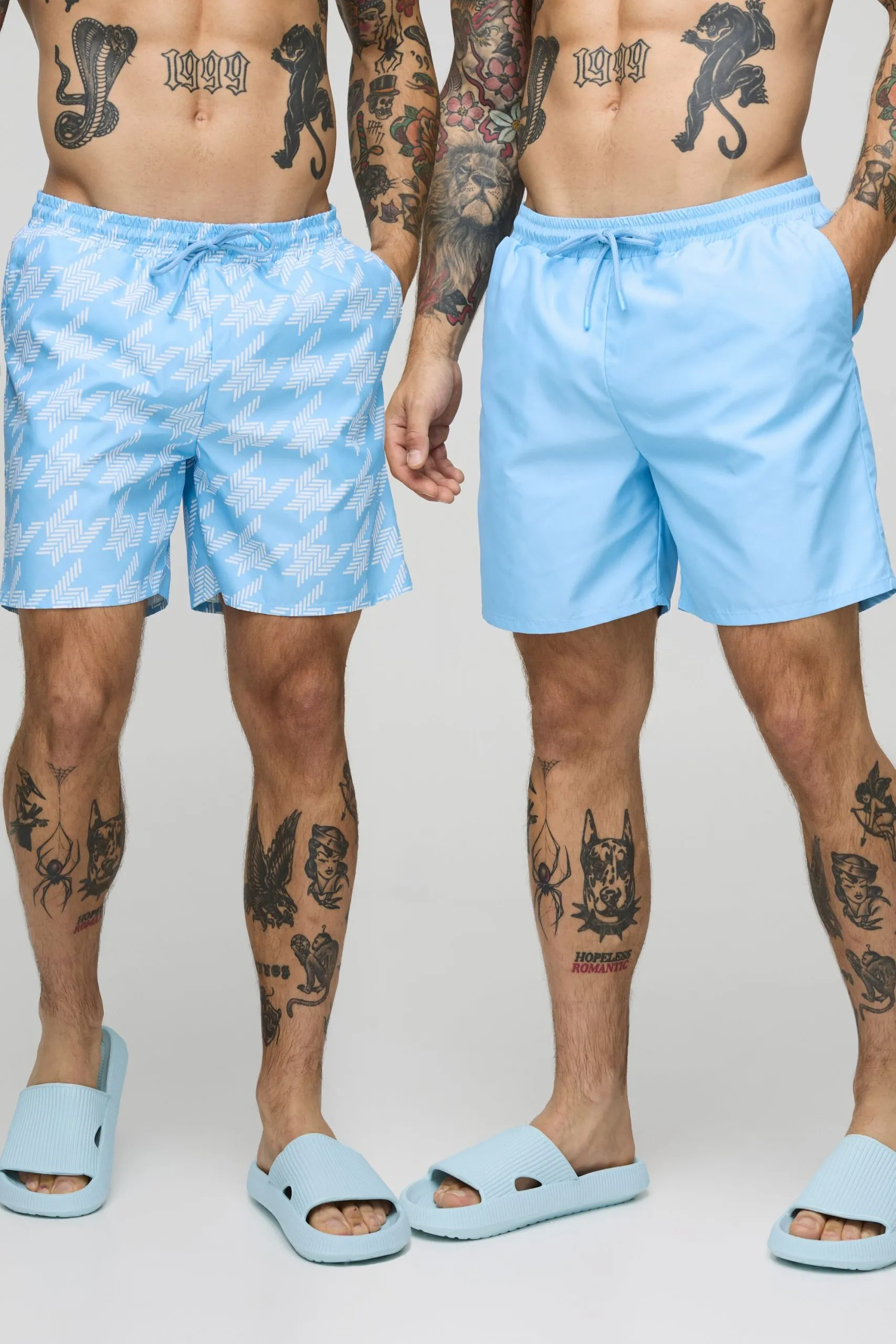 2 Pack Houndstooth and Plain Mid Length Swim Short