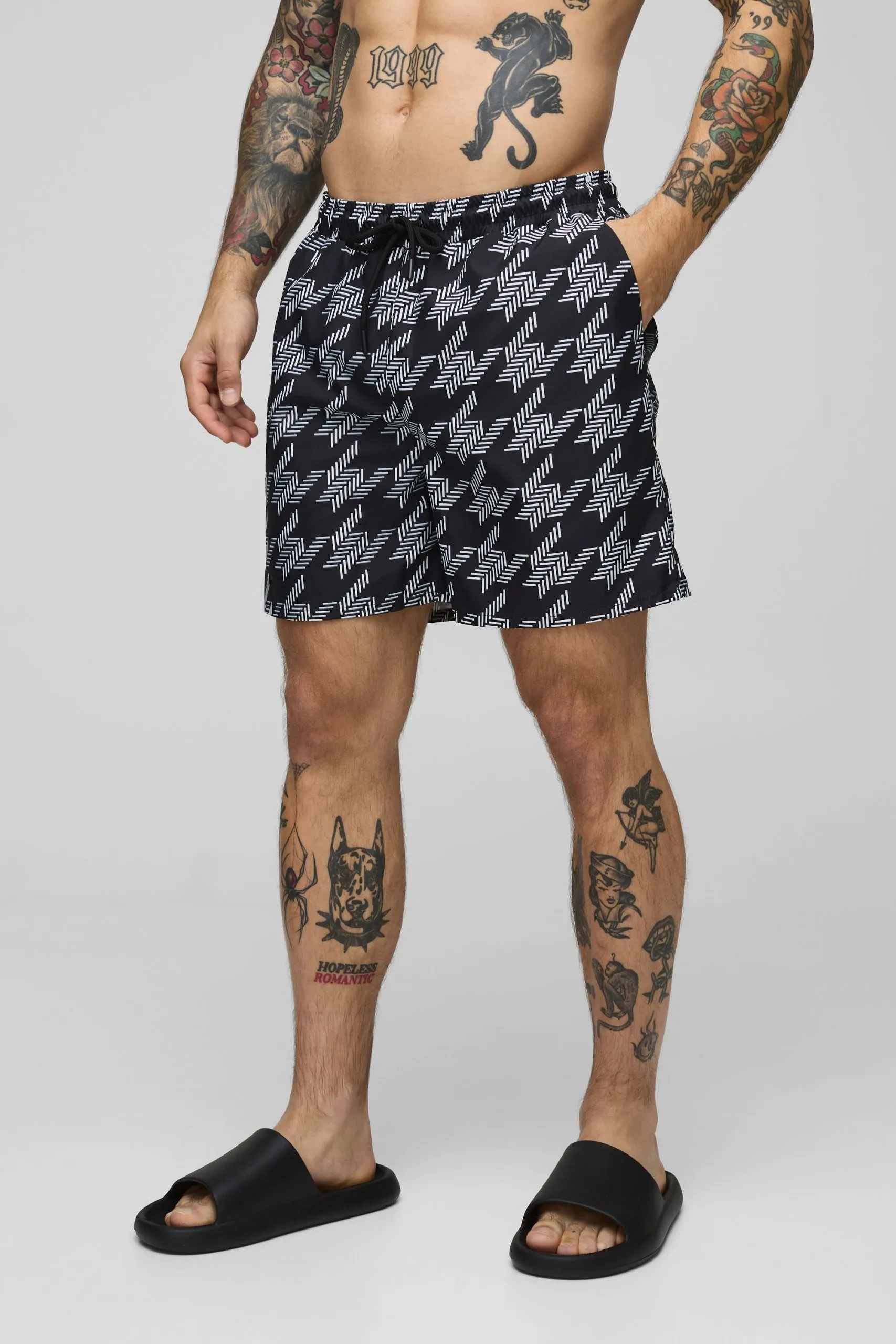 Houndstooth Print Mid Length Swim