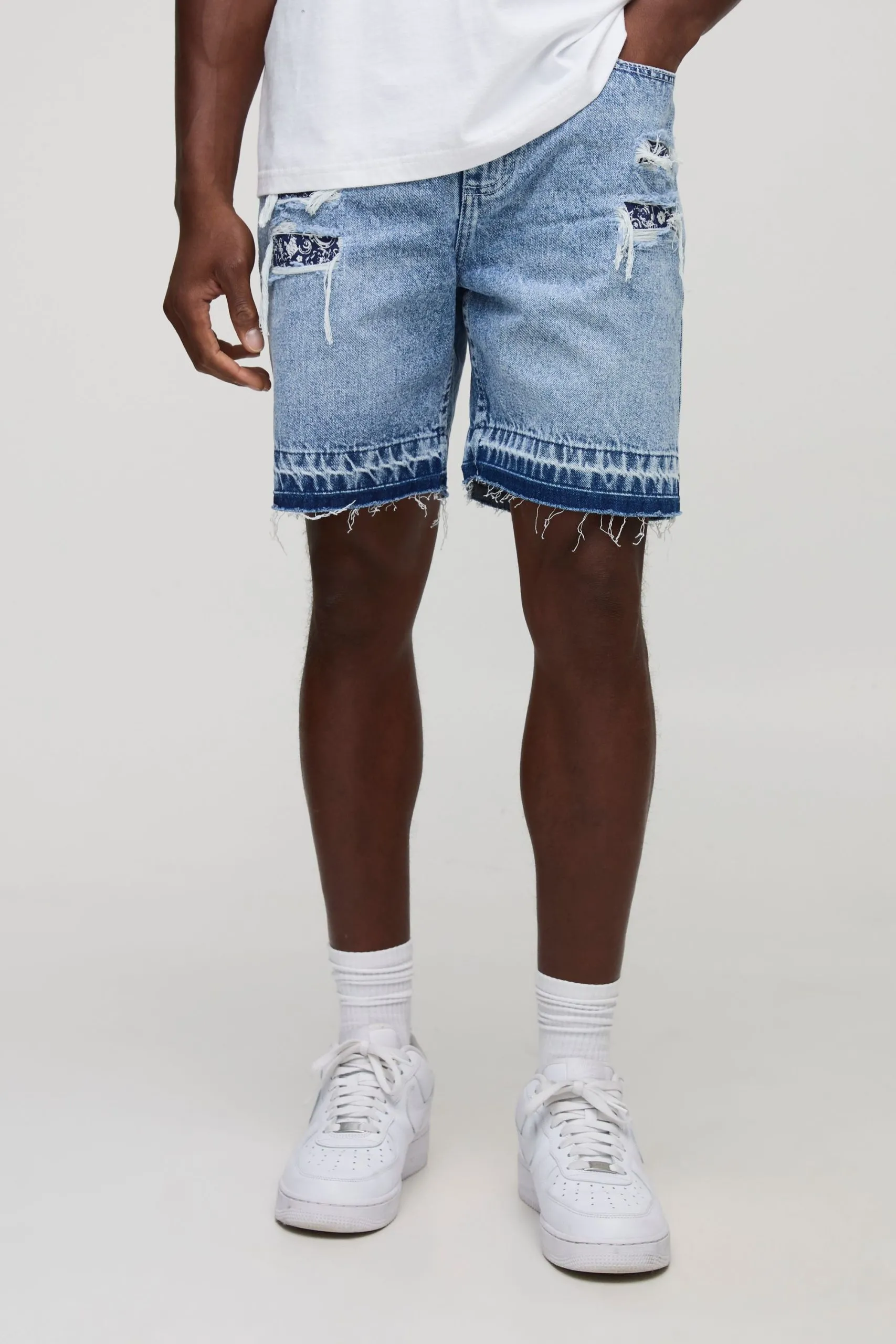 Slim Rigid Bandana Rip and Repair Denim Shorts