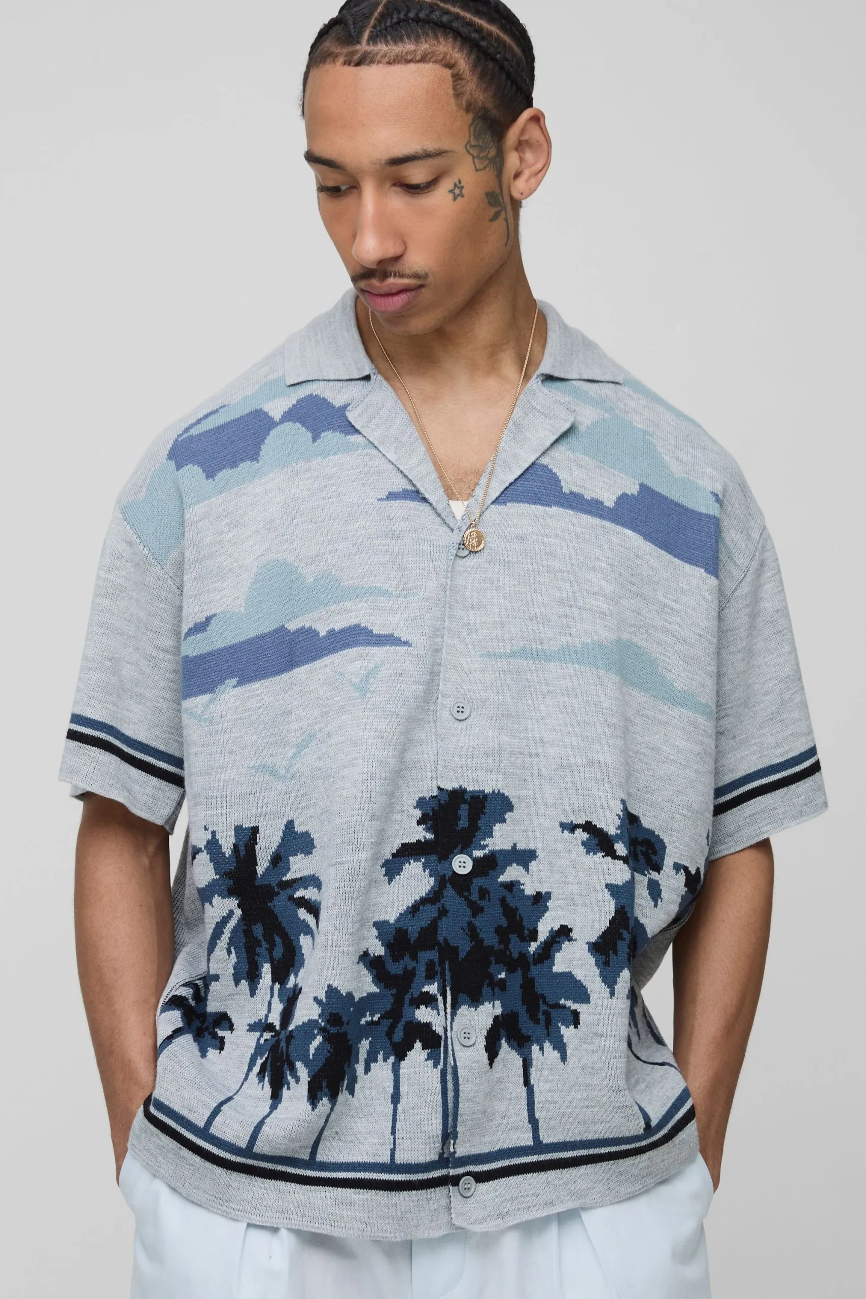 Boxy Fit Palm Scenic Jacquard Knitted Shirt