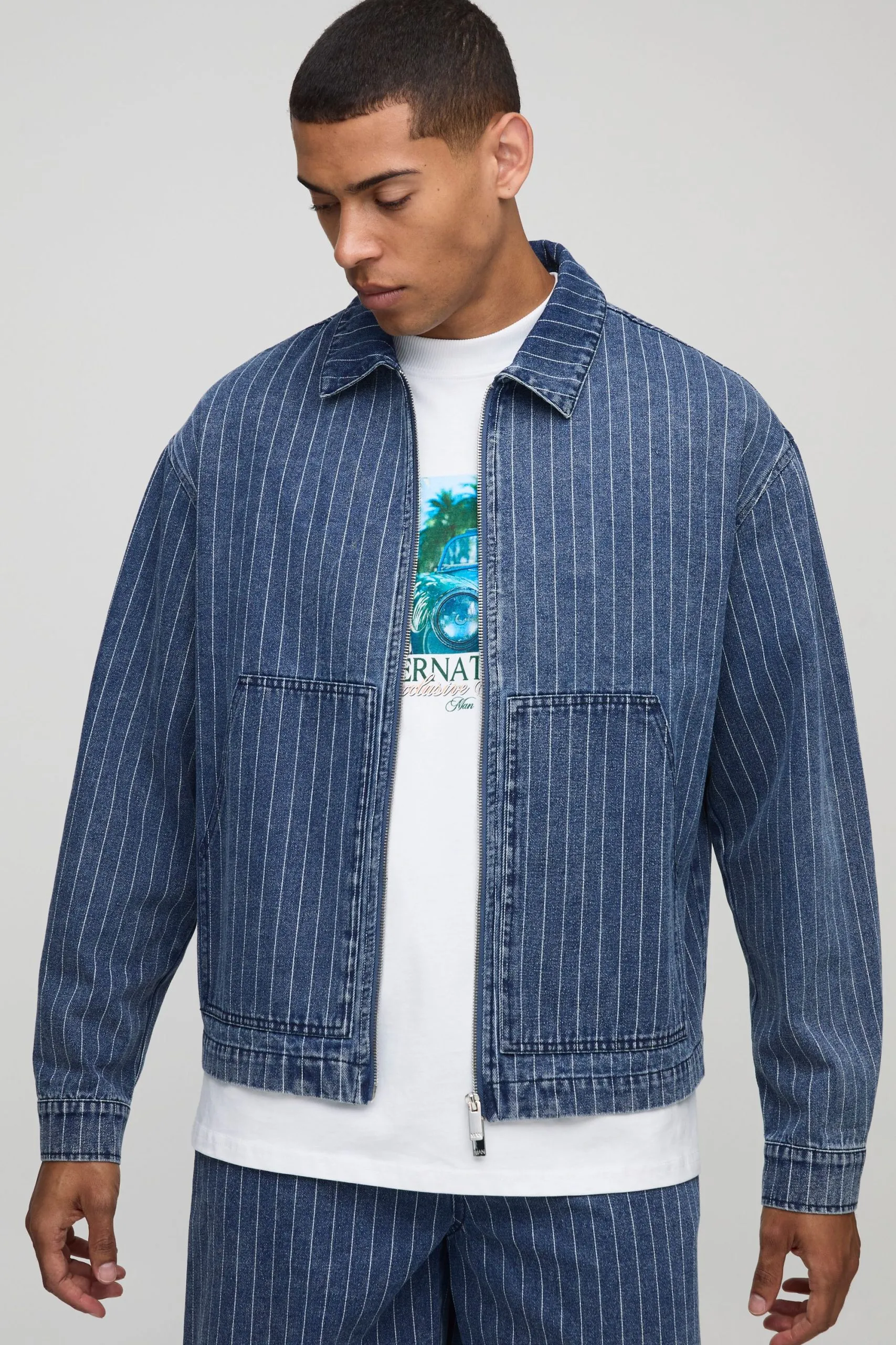 Boxy Fit Pinstripe Indigo Carpenter Jacket