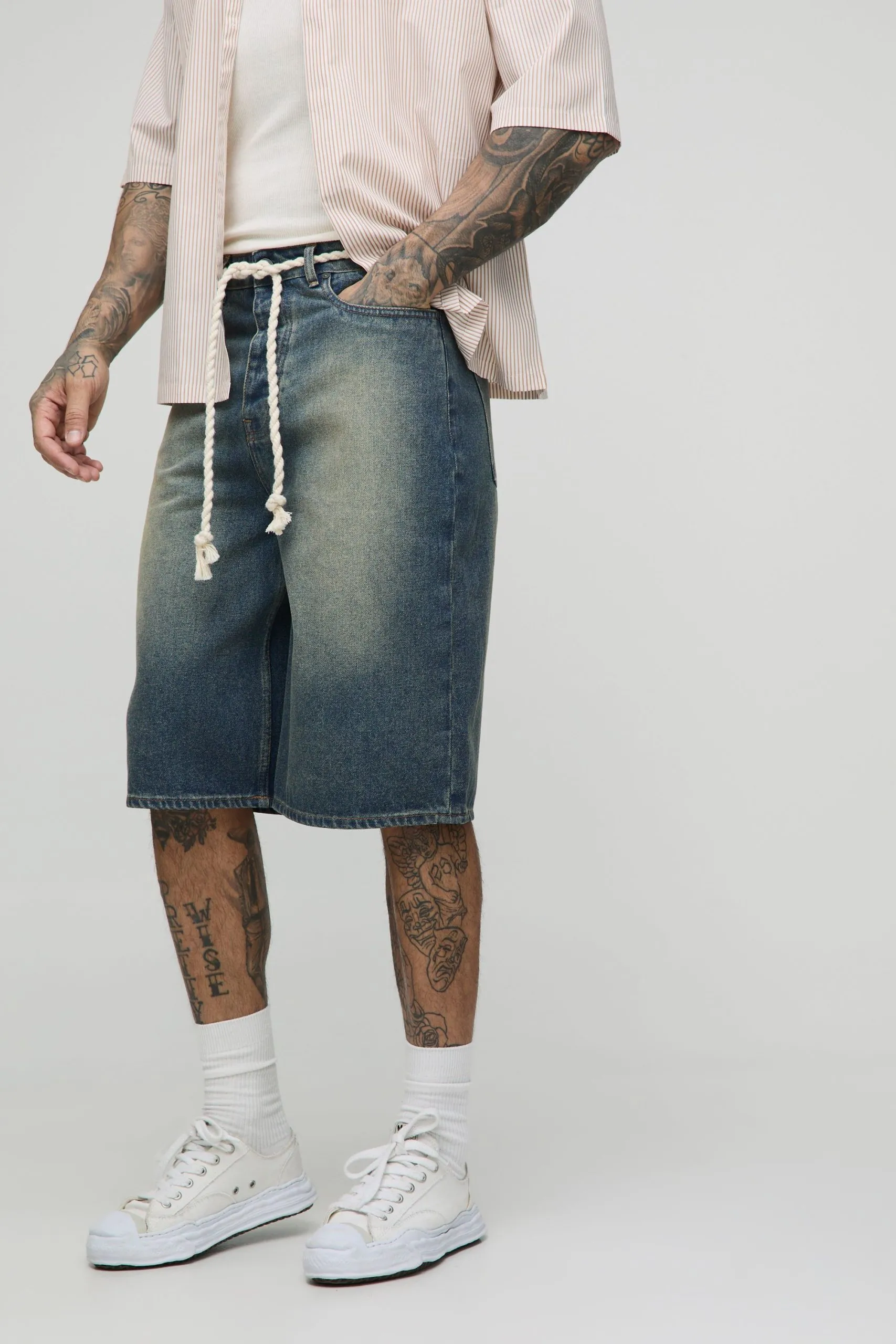Tall Relaxed Fit Chunky Rope Belted Stone Wash Jorts
