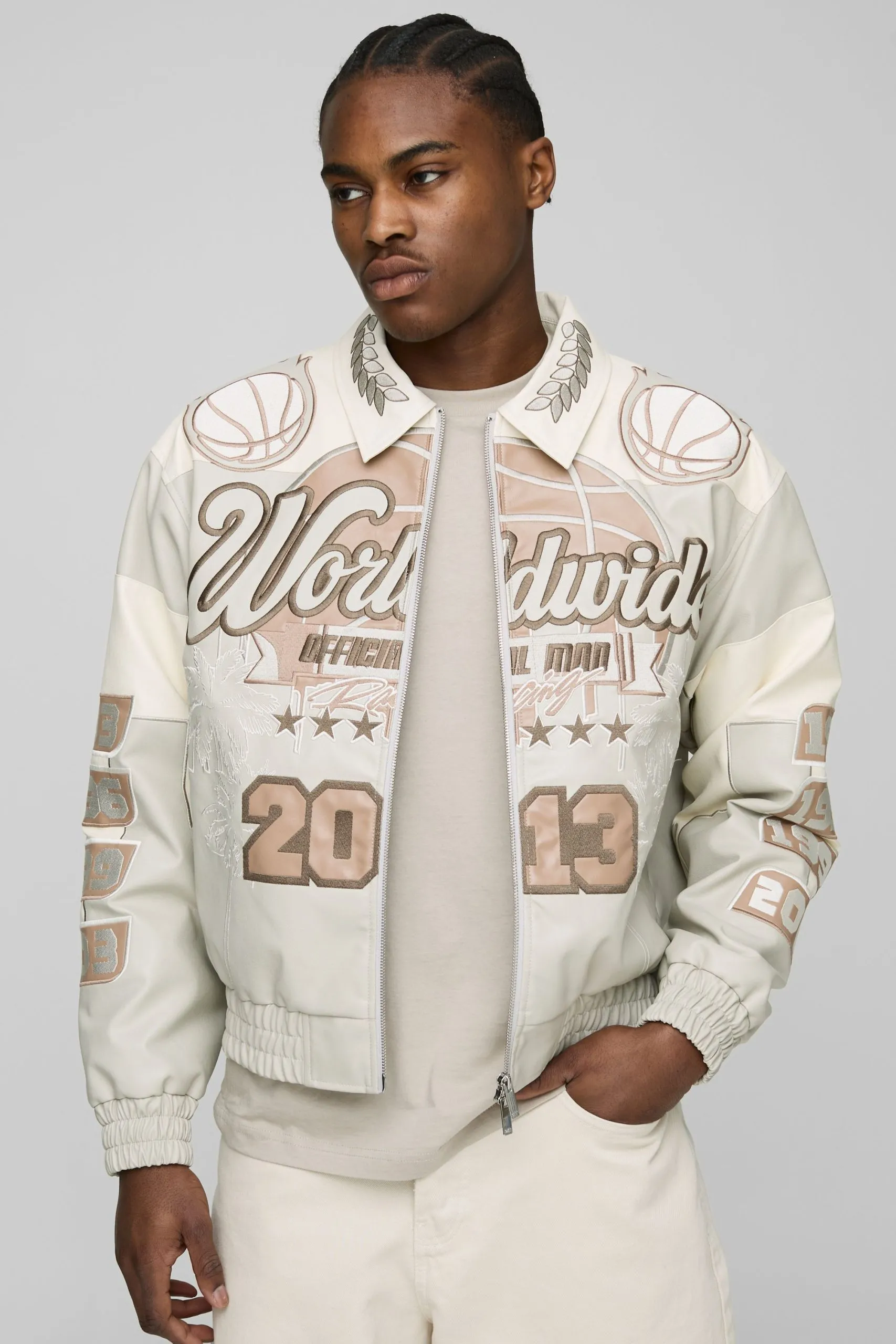 Boxy Worldwide Tonal PU Badge Varsity Jacket