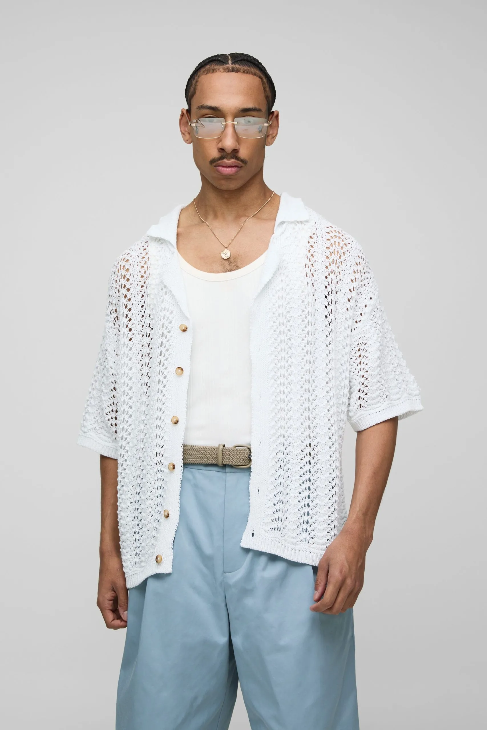 Oversized Boxy Open Stitch Interest Knitted Shirt